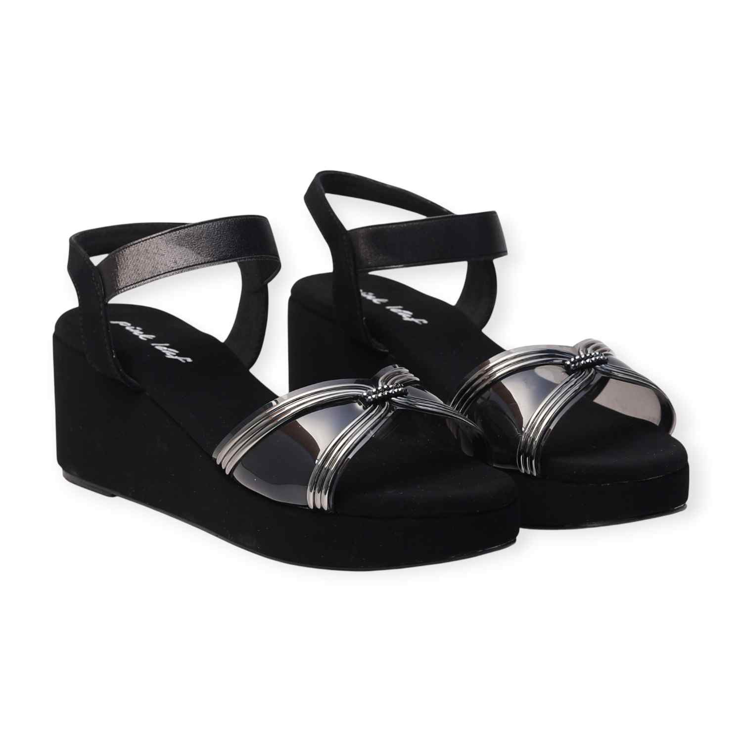 Pinkleaf Women’s Black Metallic Cross-Strap Wedge Sandals
