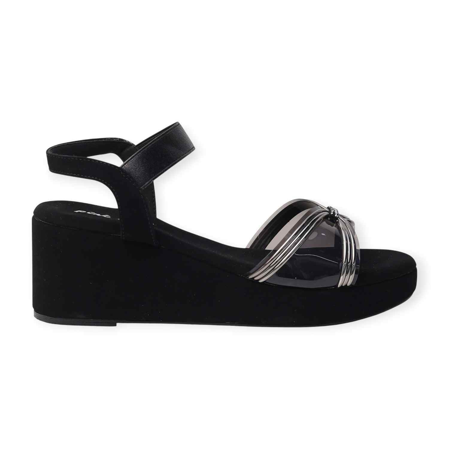Pinkleaf Women’s Black Metallic Cross-Strap Wedge Sandals