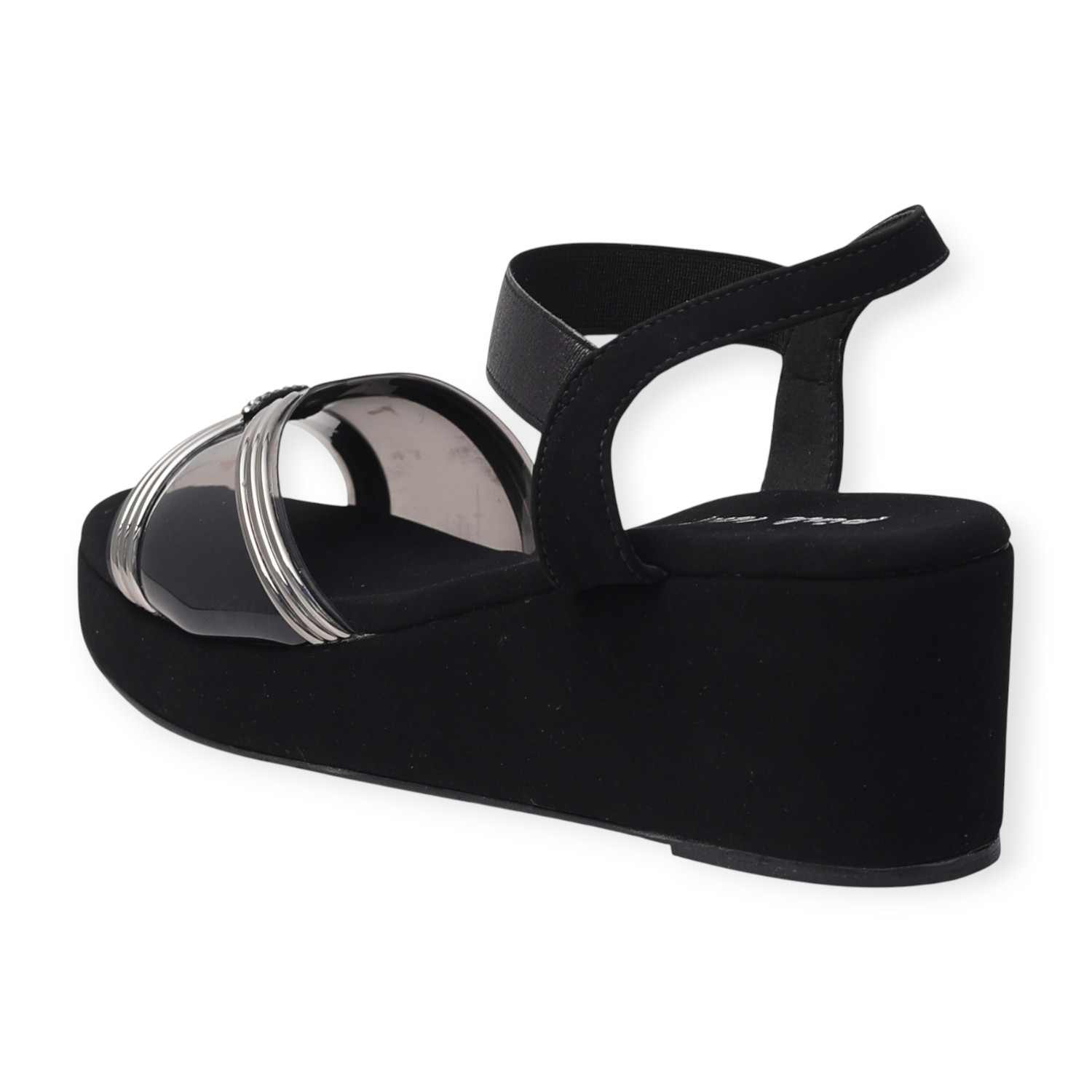 Pinkleaf Women’s Black Metallic Cross-Strap Wedge Sandals
