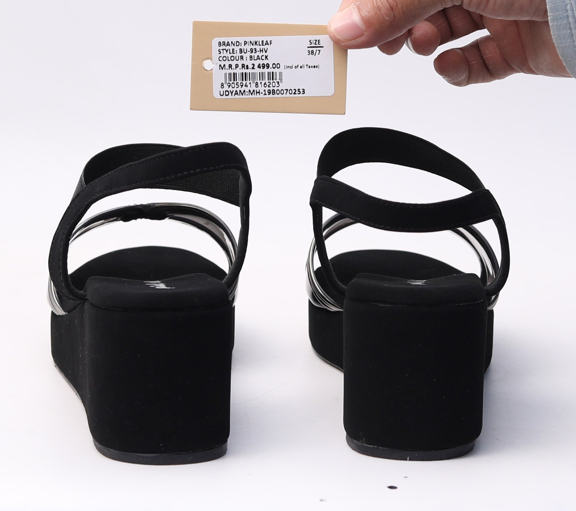 Pinkleaf Women’s Black Metallic Cross-Strap Wedge Sandals