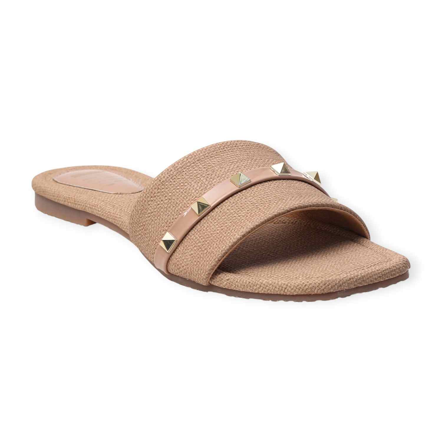 Ninaa Rossie Women’s Beige Textured Slip-On Flats with Studded Strap