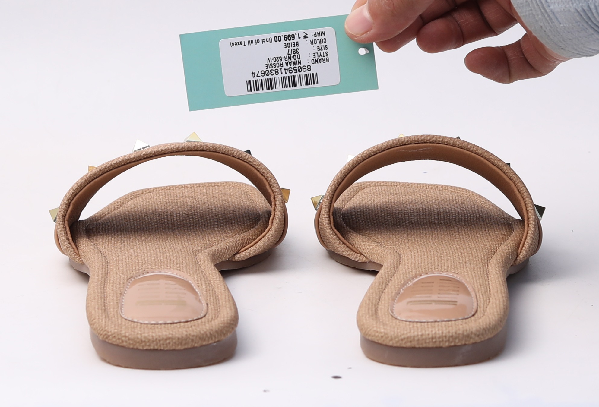 Ninaa Rossie Women’s Beige Textured Slip-On Flats with Studded Strap