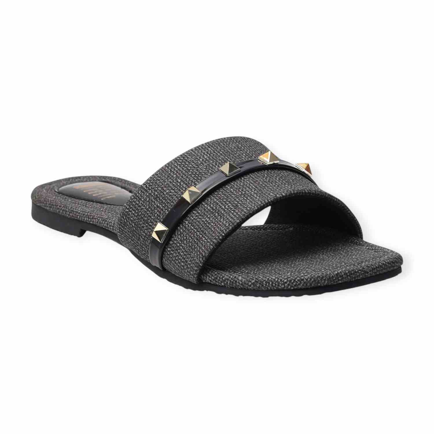 Ninaa Rossie Women’s Black Textured Slip-On Flats with Studded Strap