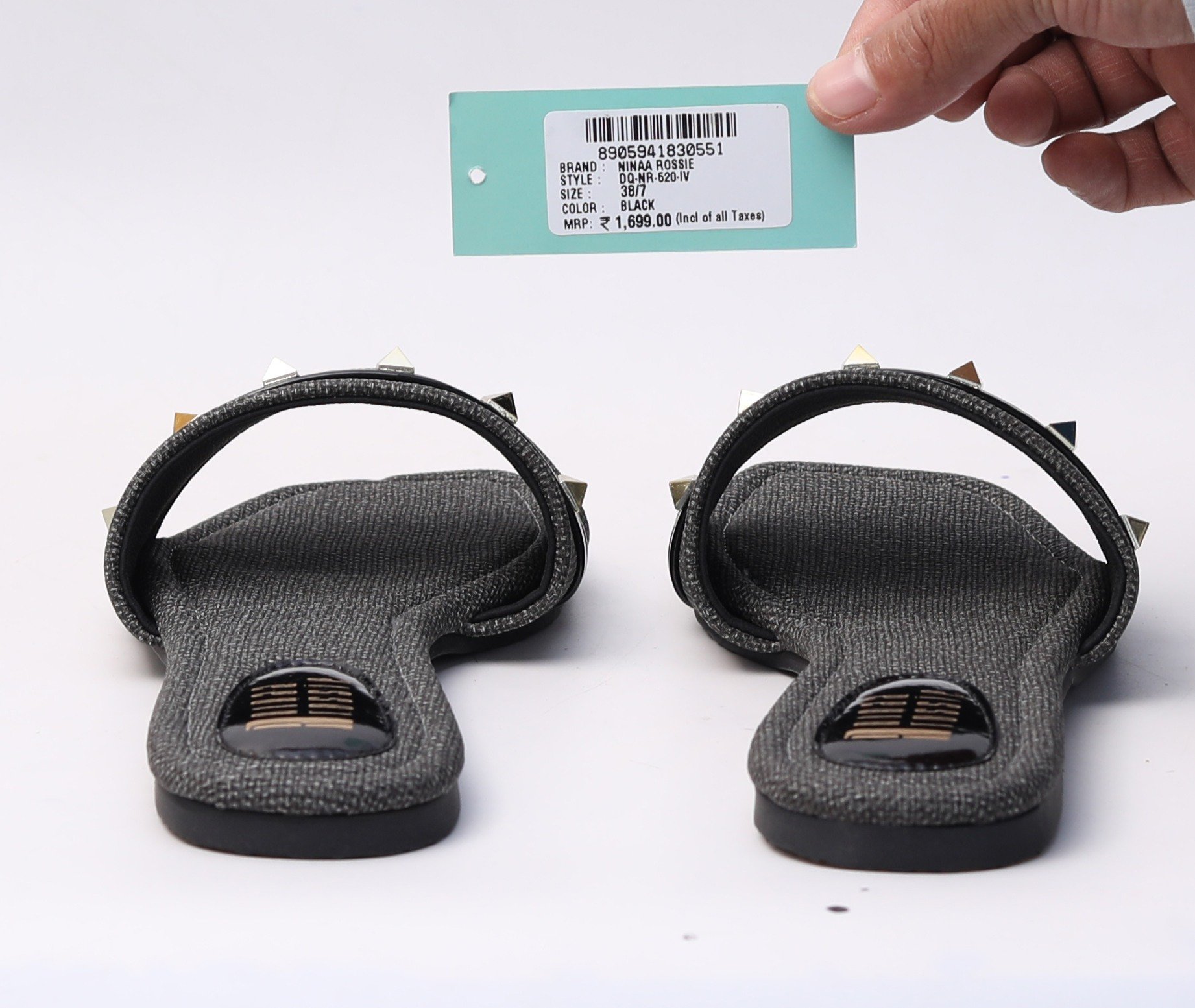 Ninaa Rossie Women’s Black Textured Slip-On Flats with Studded Strap