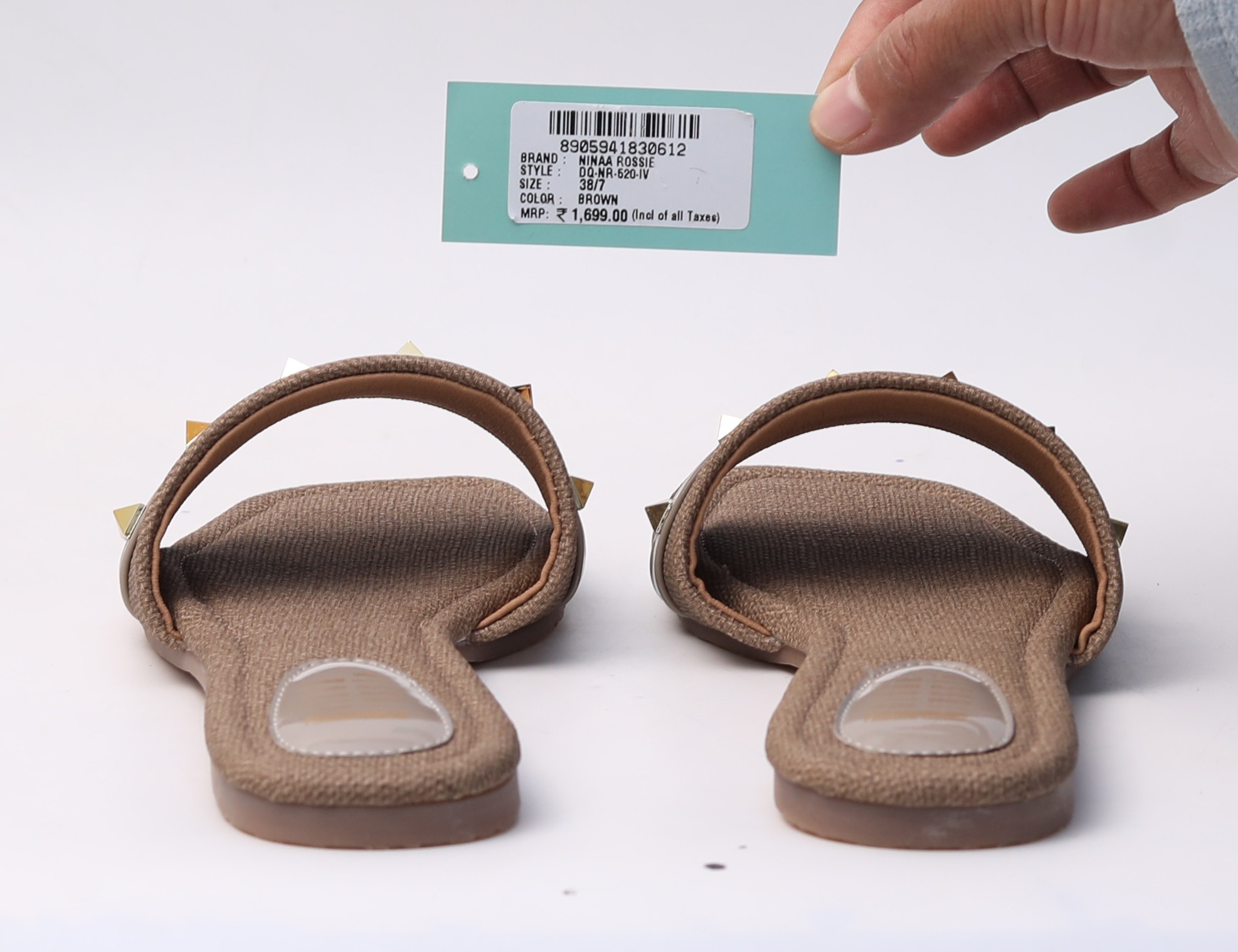 Ninaa Rossie Women’s Brown Textured Slip-On Flats with Studded Strap