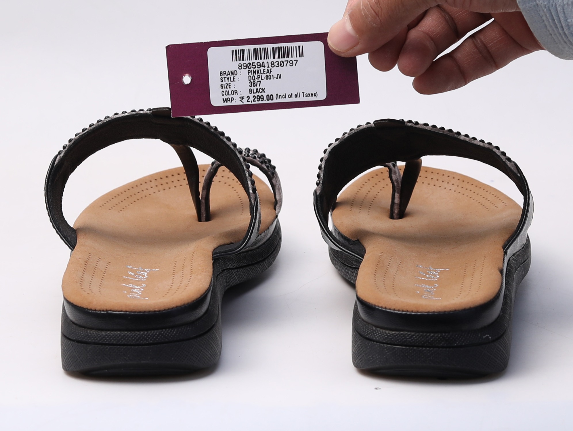 Pinkleaf Women’s Black Embellished Toe-Ring Sandals