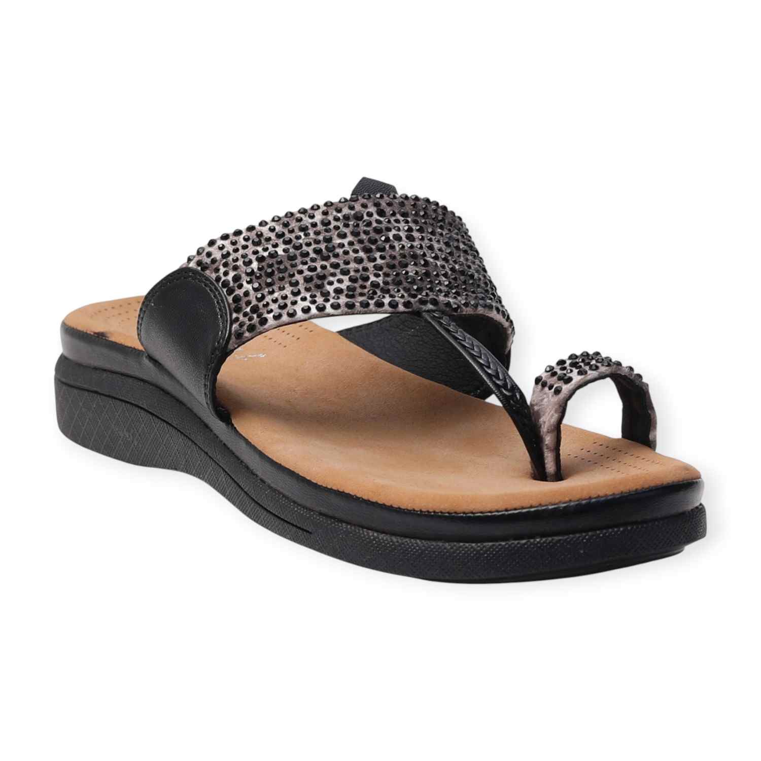 Pinkleaf Women’s Black Embellished Toe-Ring Sandals