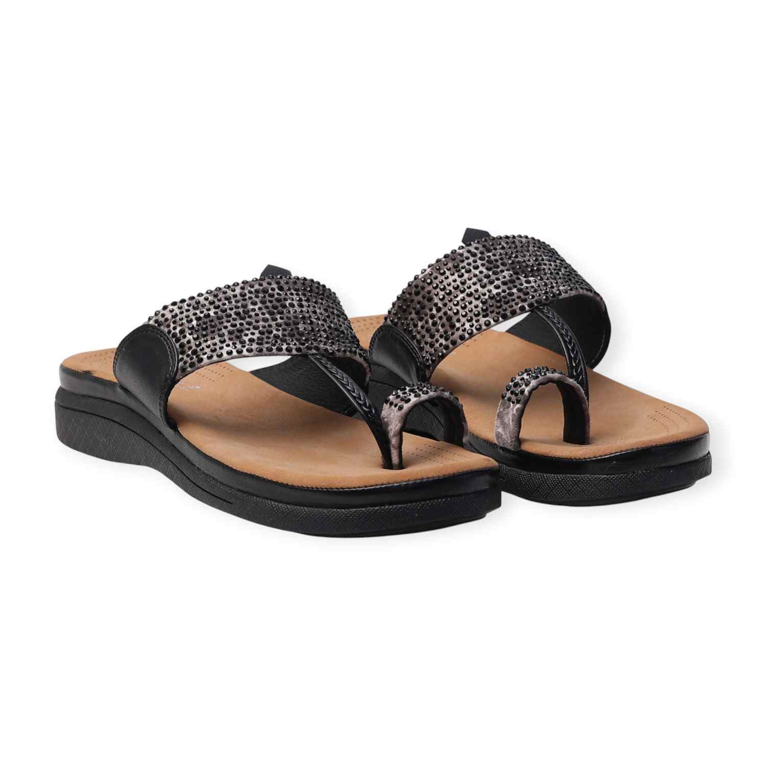 Pinkleaf Women’s Black Embellished Toe-Ring Sandals