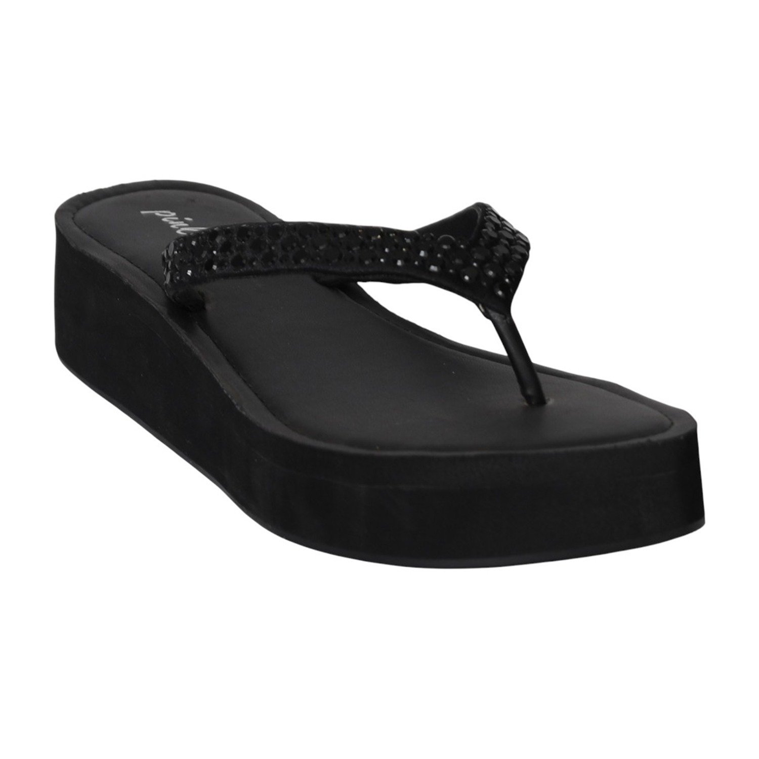 Women Black Crystal Strap Wedges