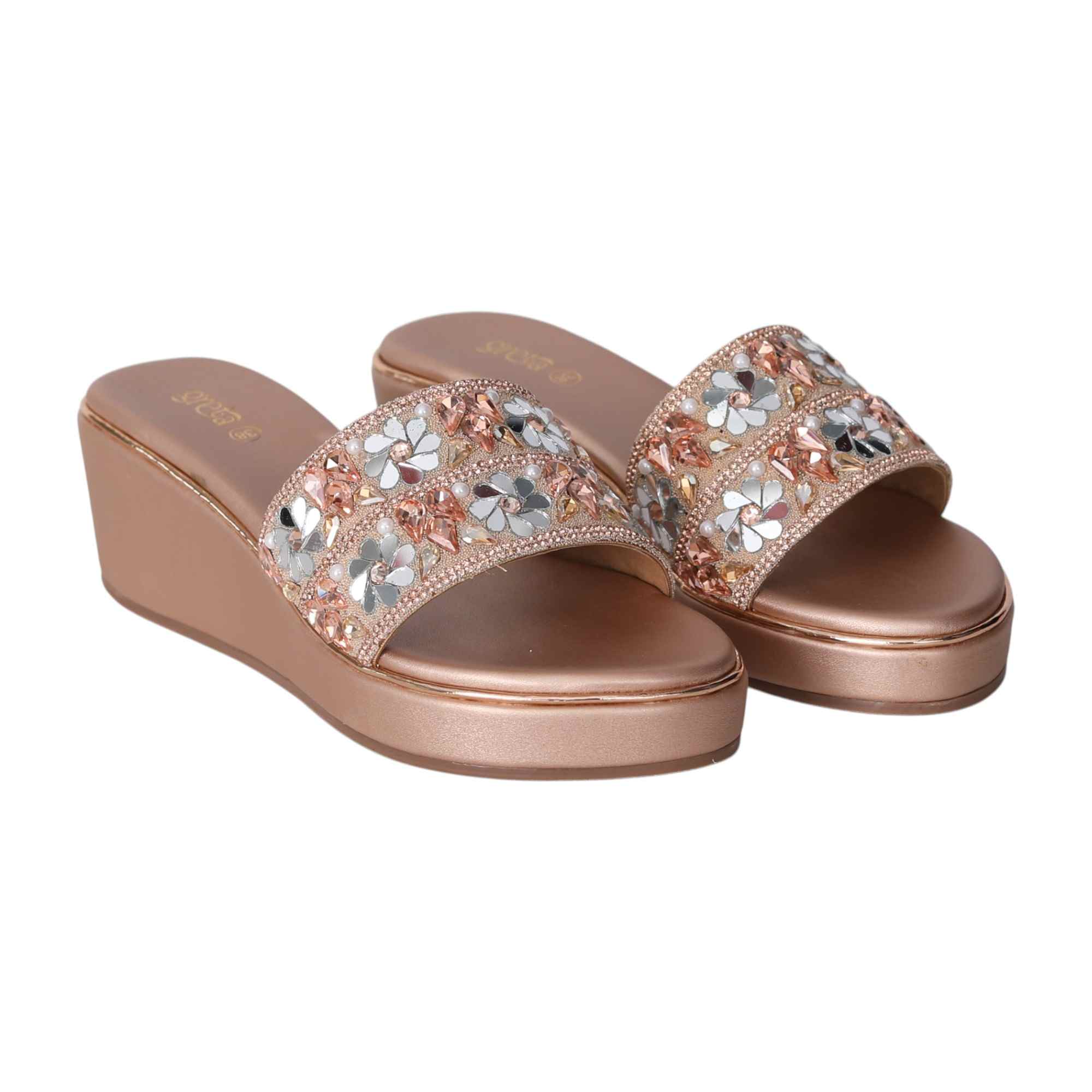 Rose Gold Embellished Wedge Slip-Ons