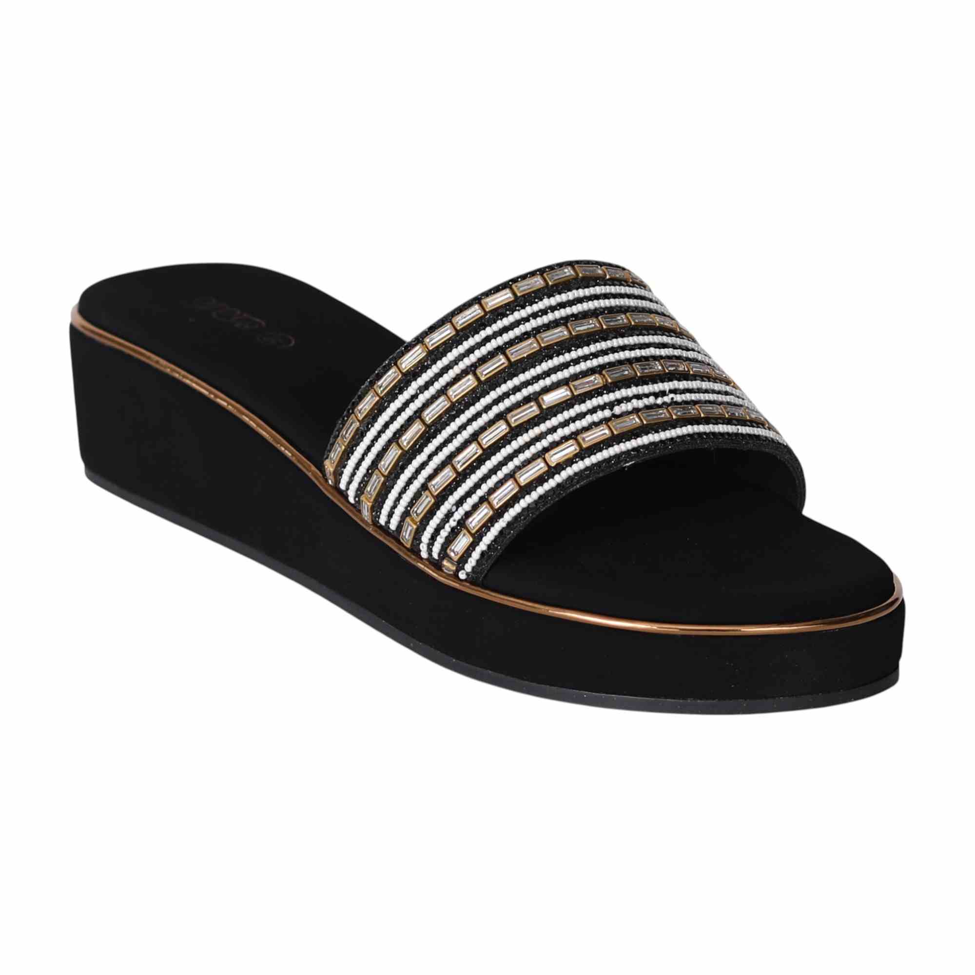 Elegant Pearl-Embellished Black Wedge Heels