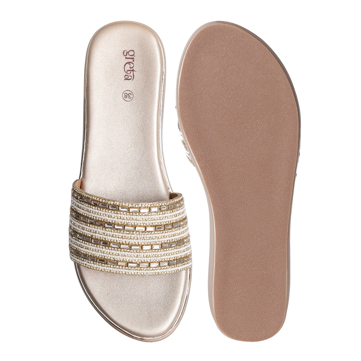 Elegant Pearl-Embellished Gold Wedge Heels