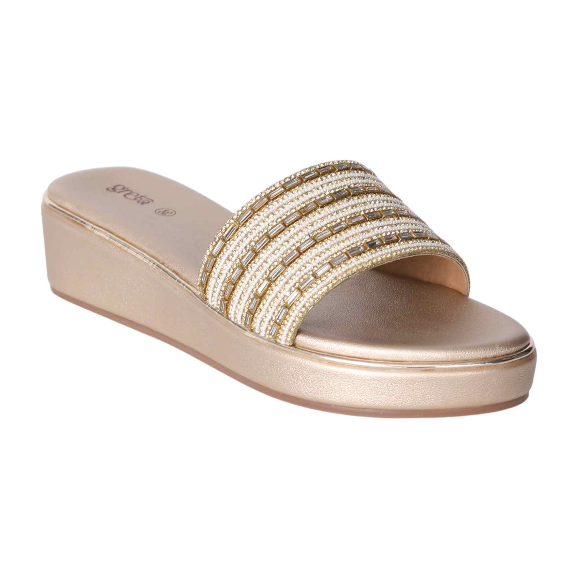 Elegant Pearl-Embellished Gold Wedge Heels