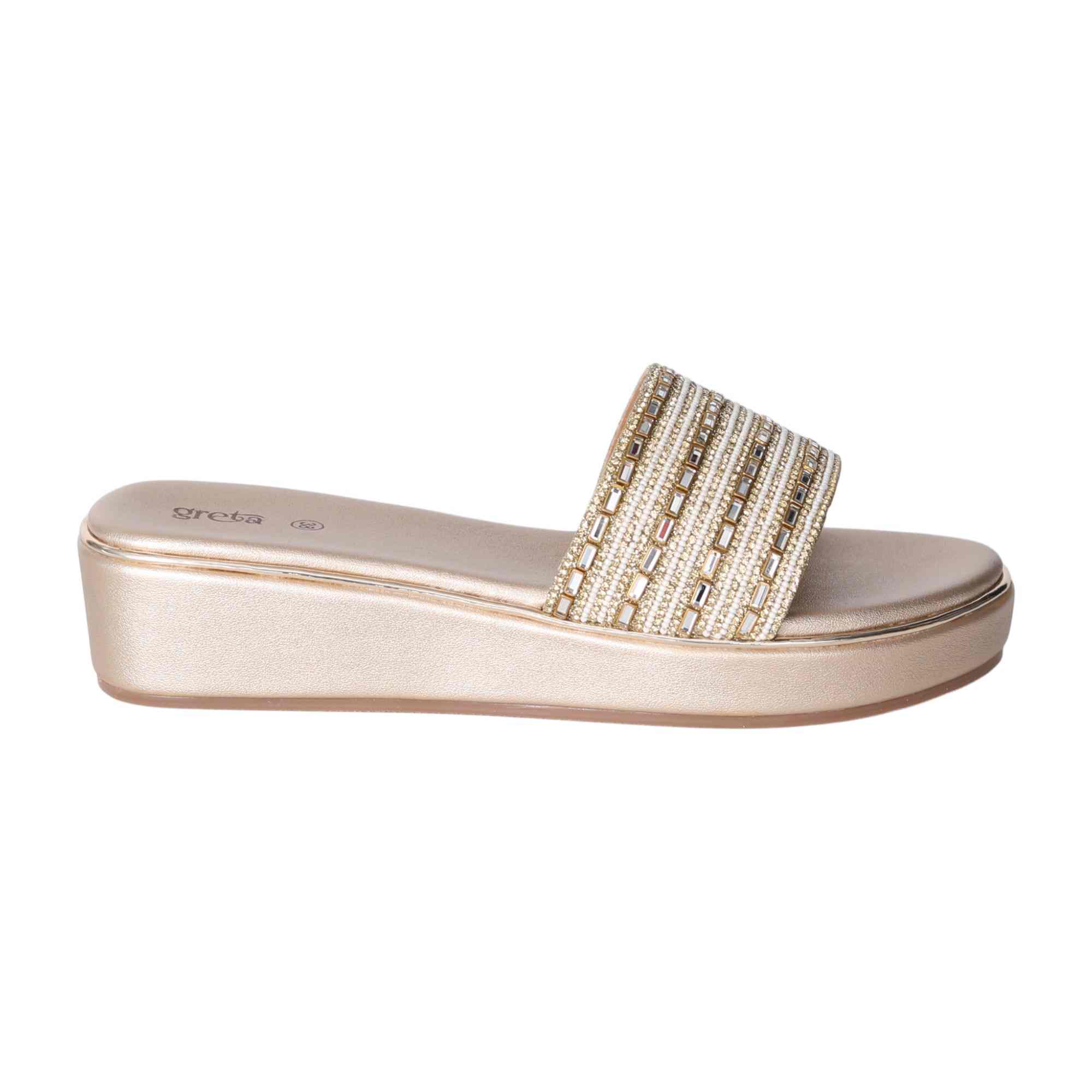 Elegant Pearl-Embellished Gold Wedge Heels