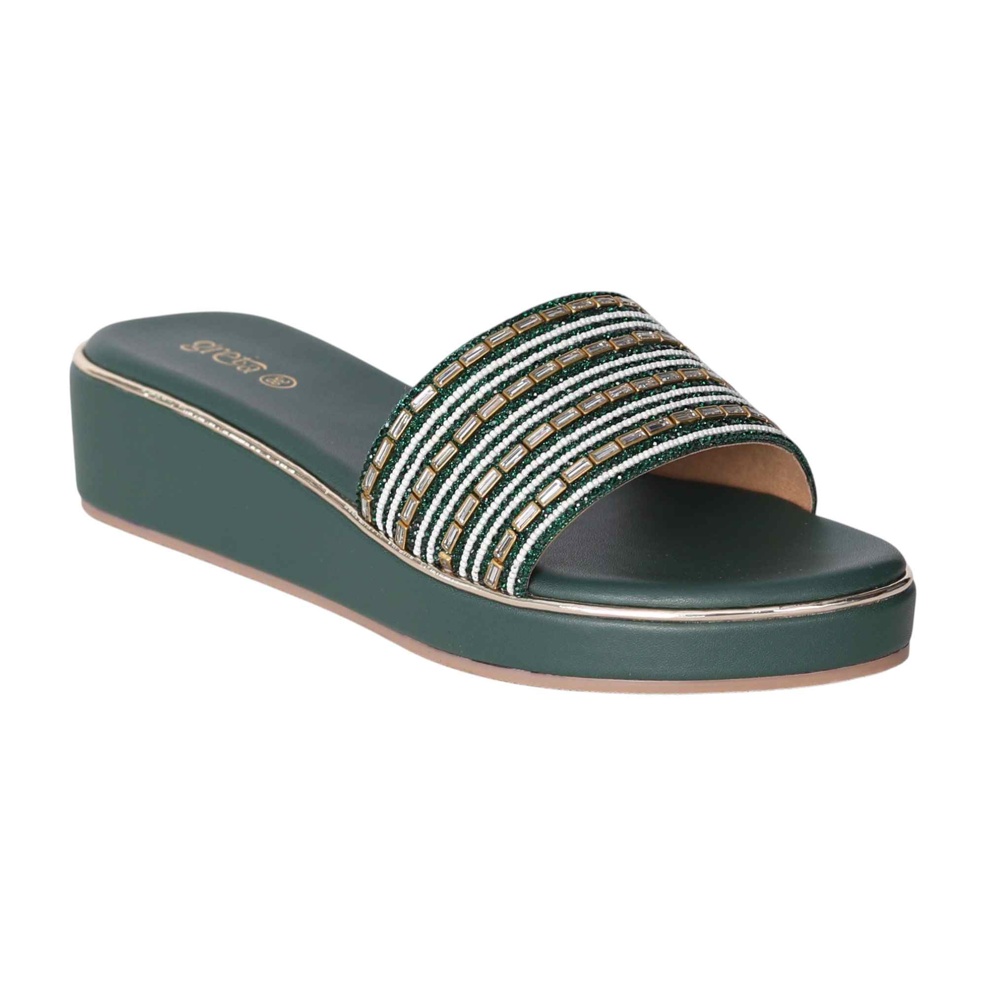 Elegant Pearl-Embellished Green Wedge Heels