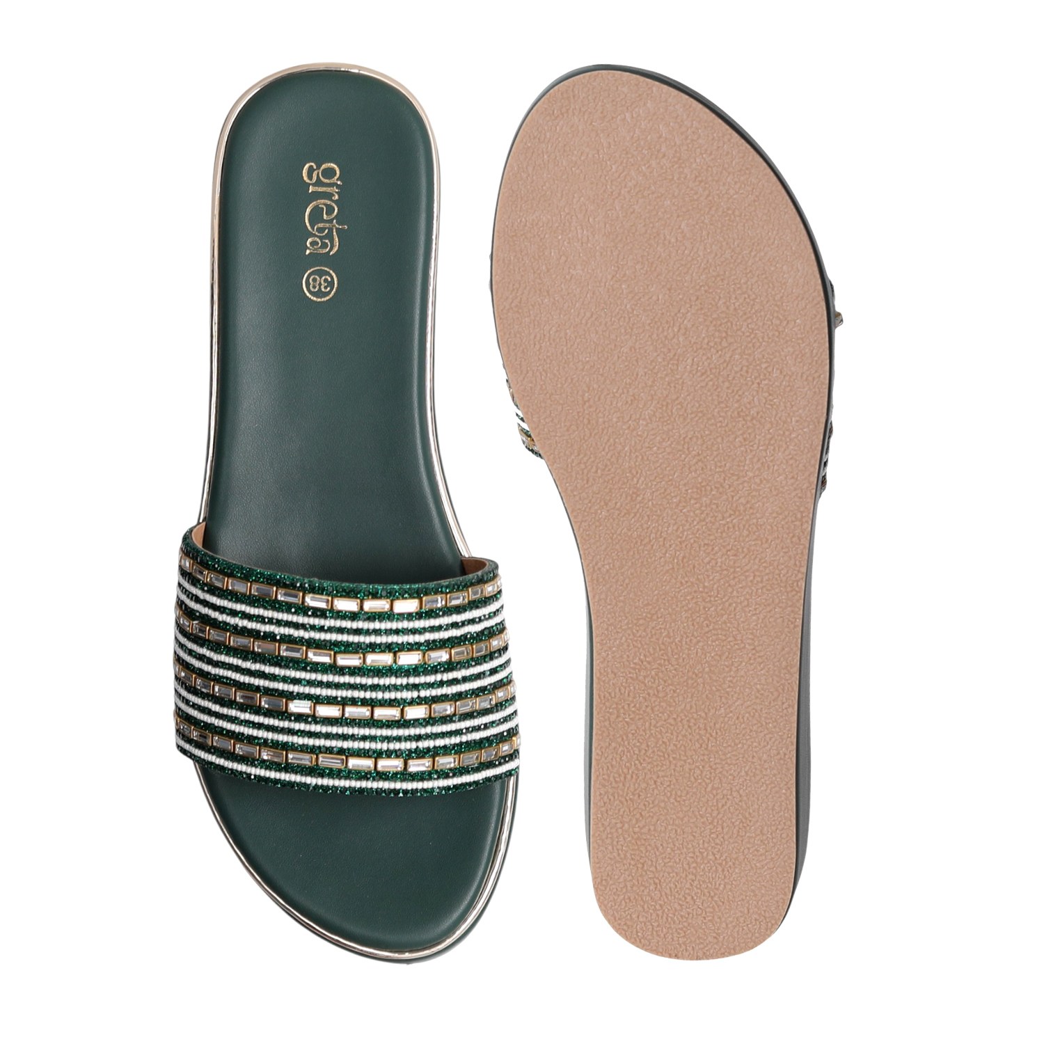 Elegant Pearl-Embellished Green Wedge Heels