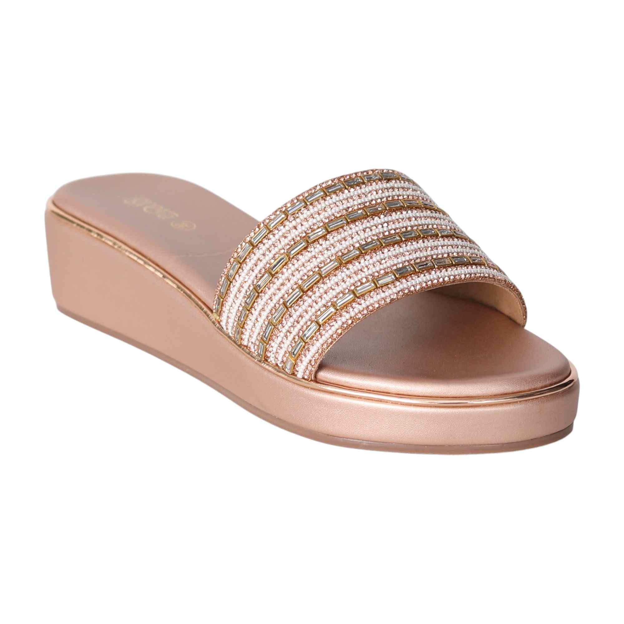 Elegant Pearl-Embellished Rose Gold Wedge Heels