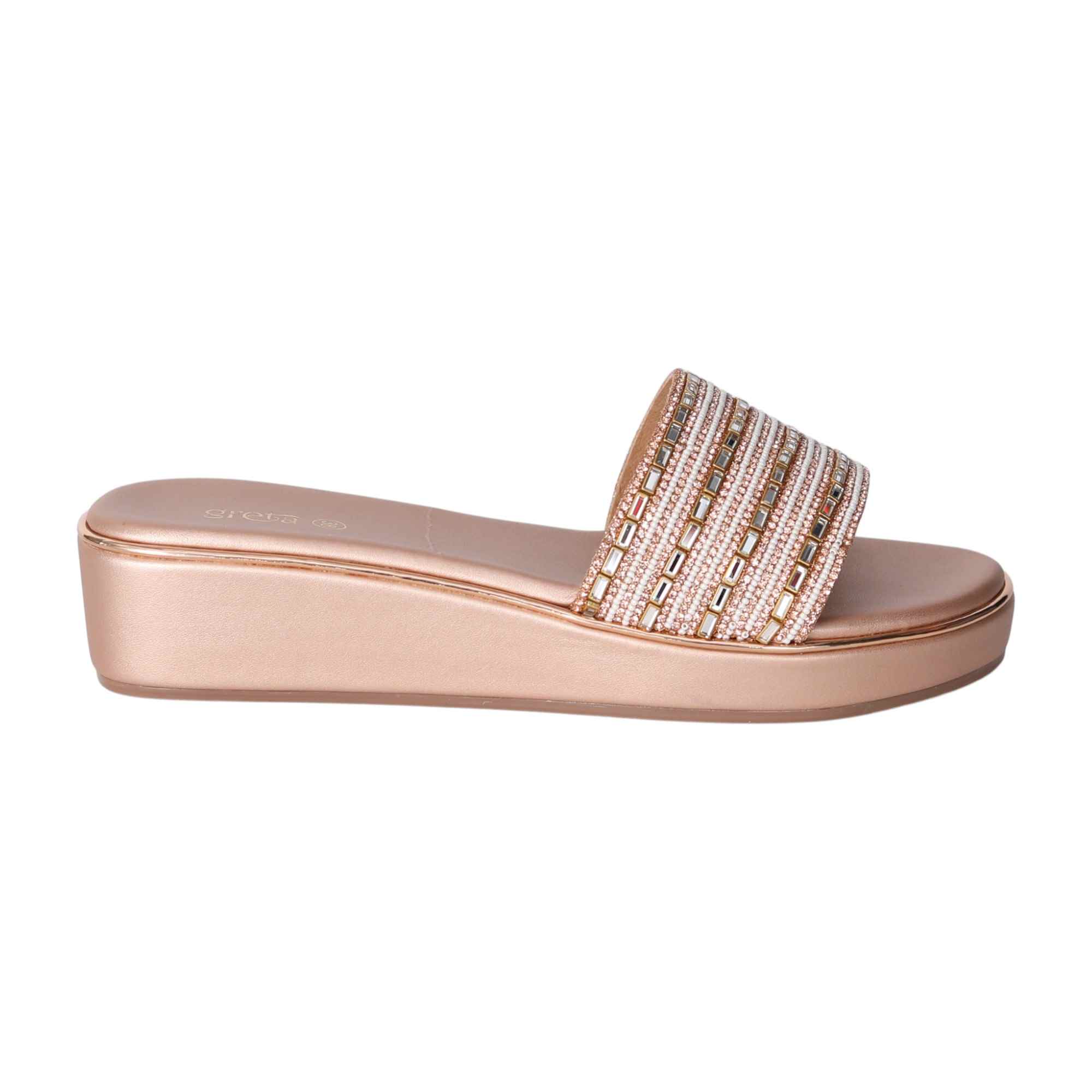 Elegant Pearl-Embellished Rose Gold Wedge Heels