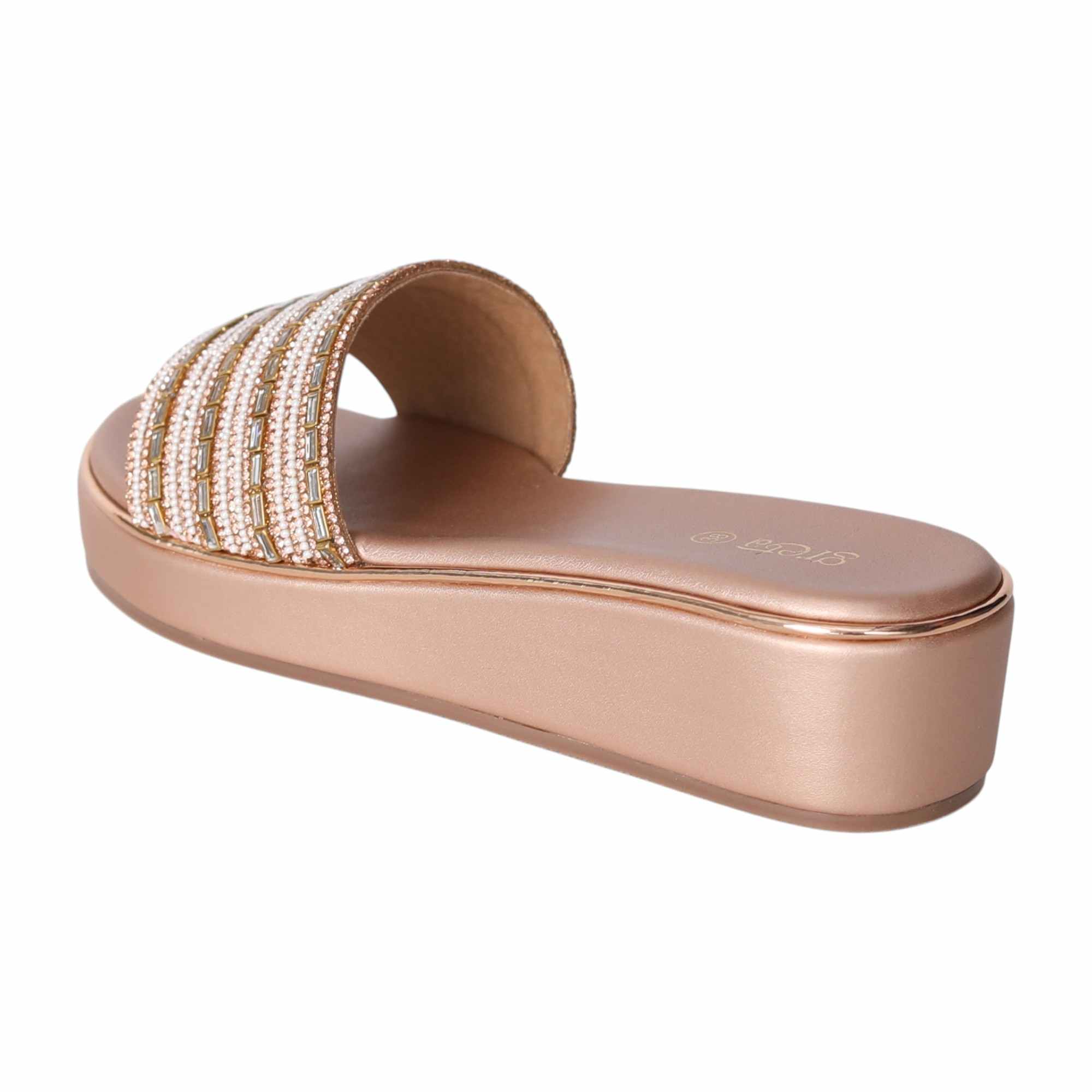 Elegant Pearl-Embellished Rose Gold Wedge Heels