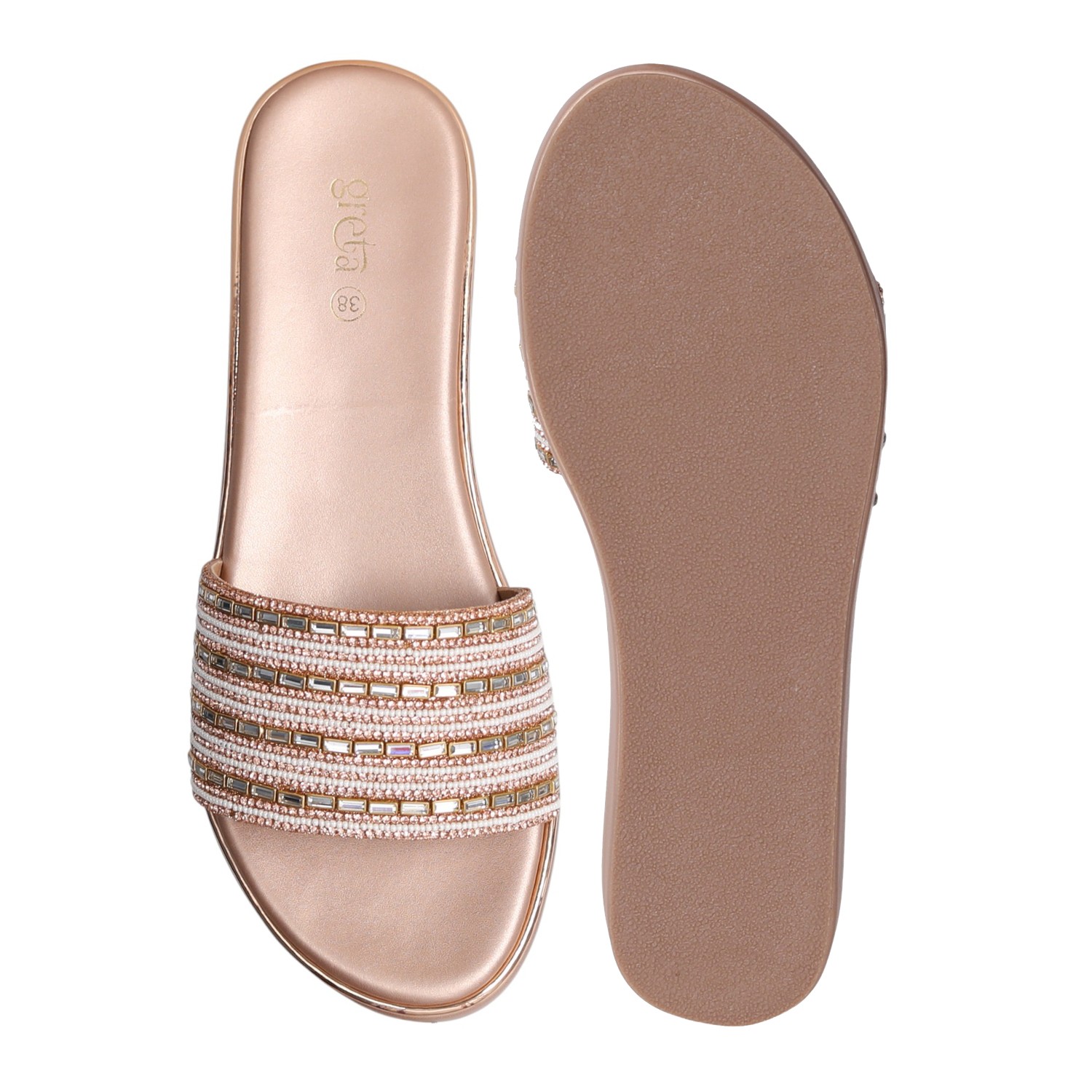 Elegant Pearl-Embellished Rose Gold Wedge Heels