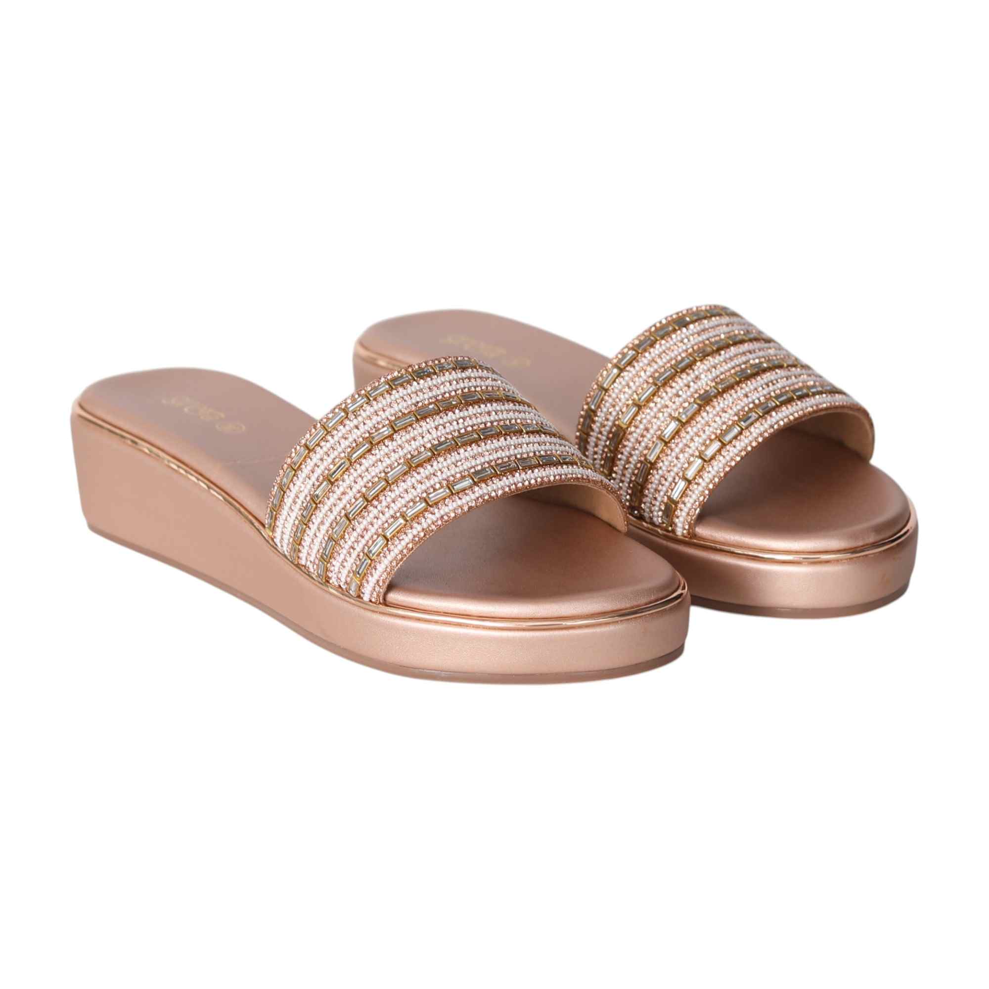 Elegant Pearl-Embellished Rose Gold Wedge Heels