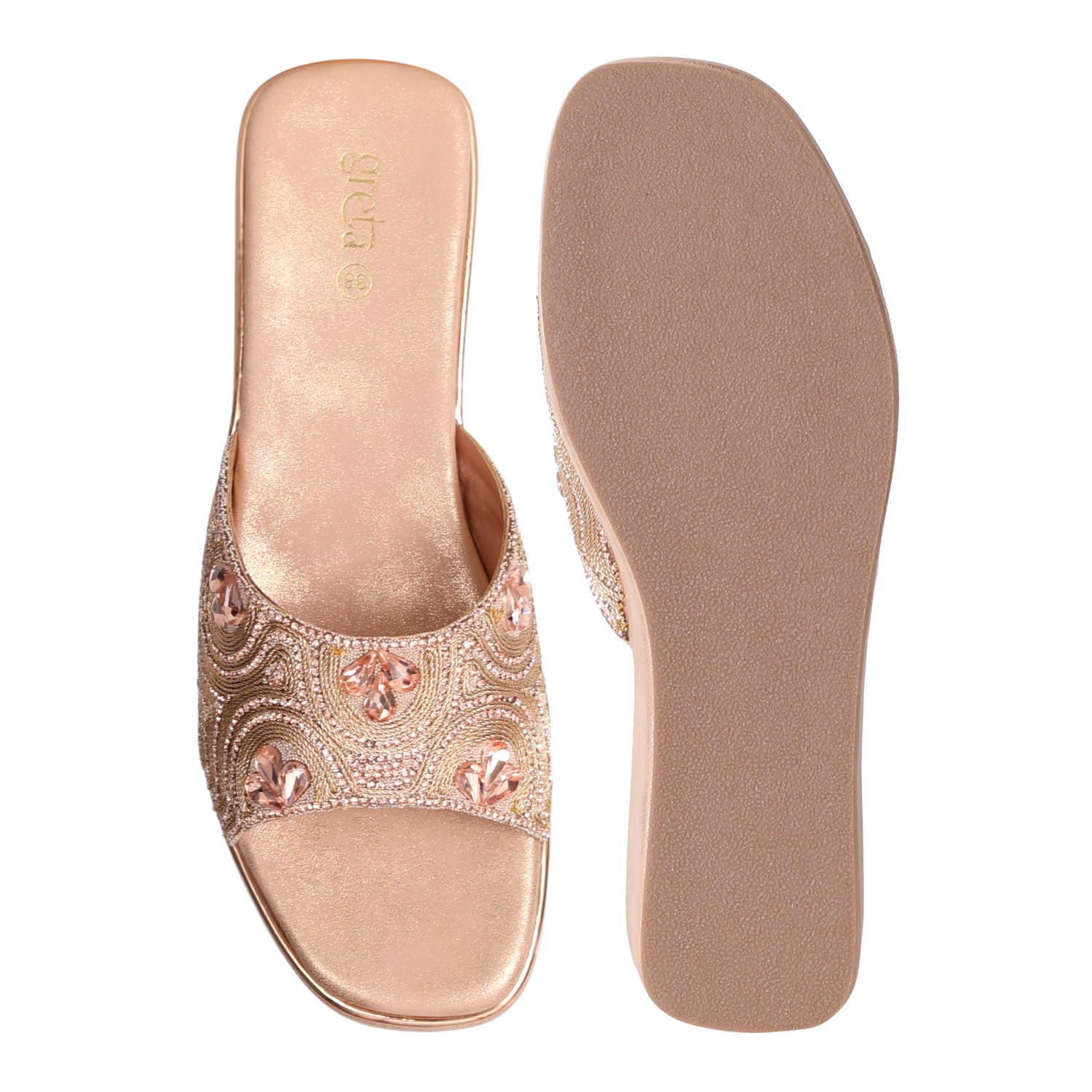 Elegant Rose Gold Embellished Wedge Heels