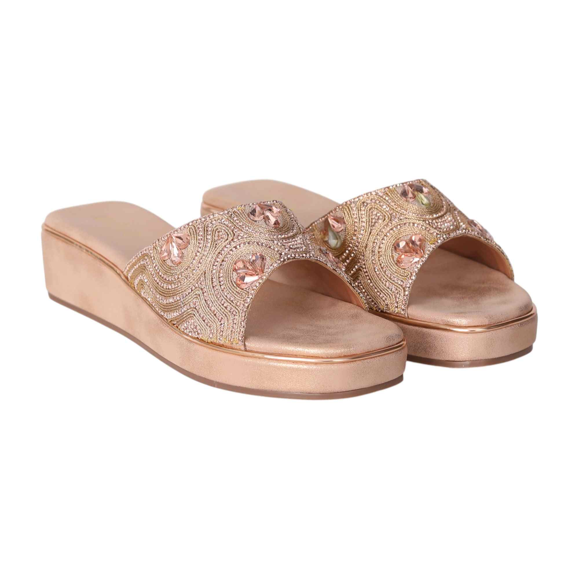 Elegant Rose Gold Embellished Wedge Heels