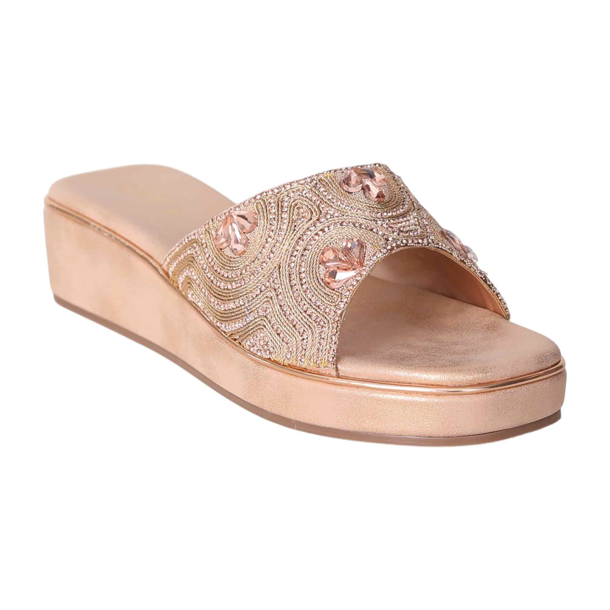 Elegant Rose Gold Embellished Wedge Heels