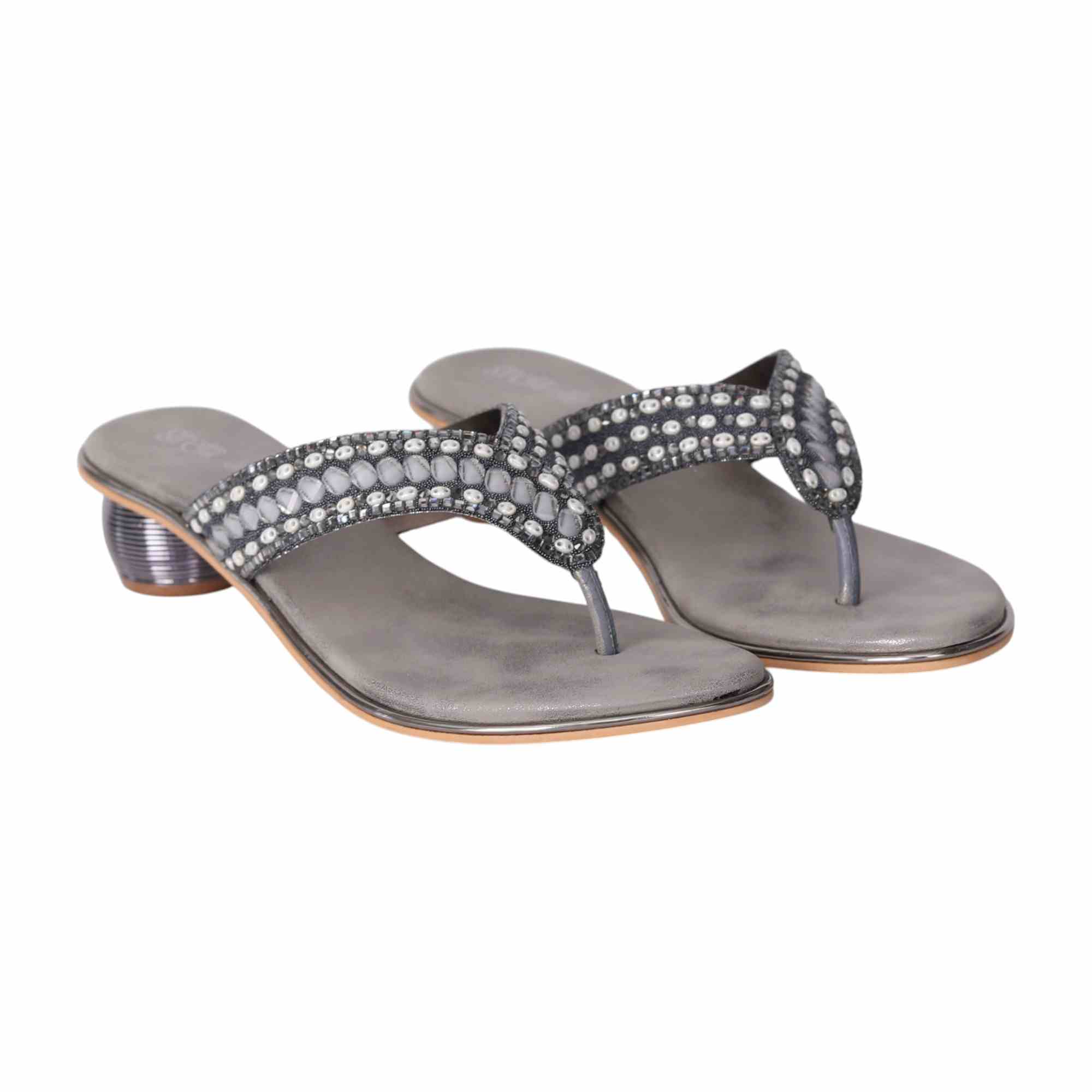 Grey Embellished Thong Sandals with Rounded Heel