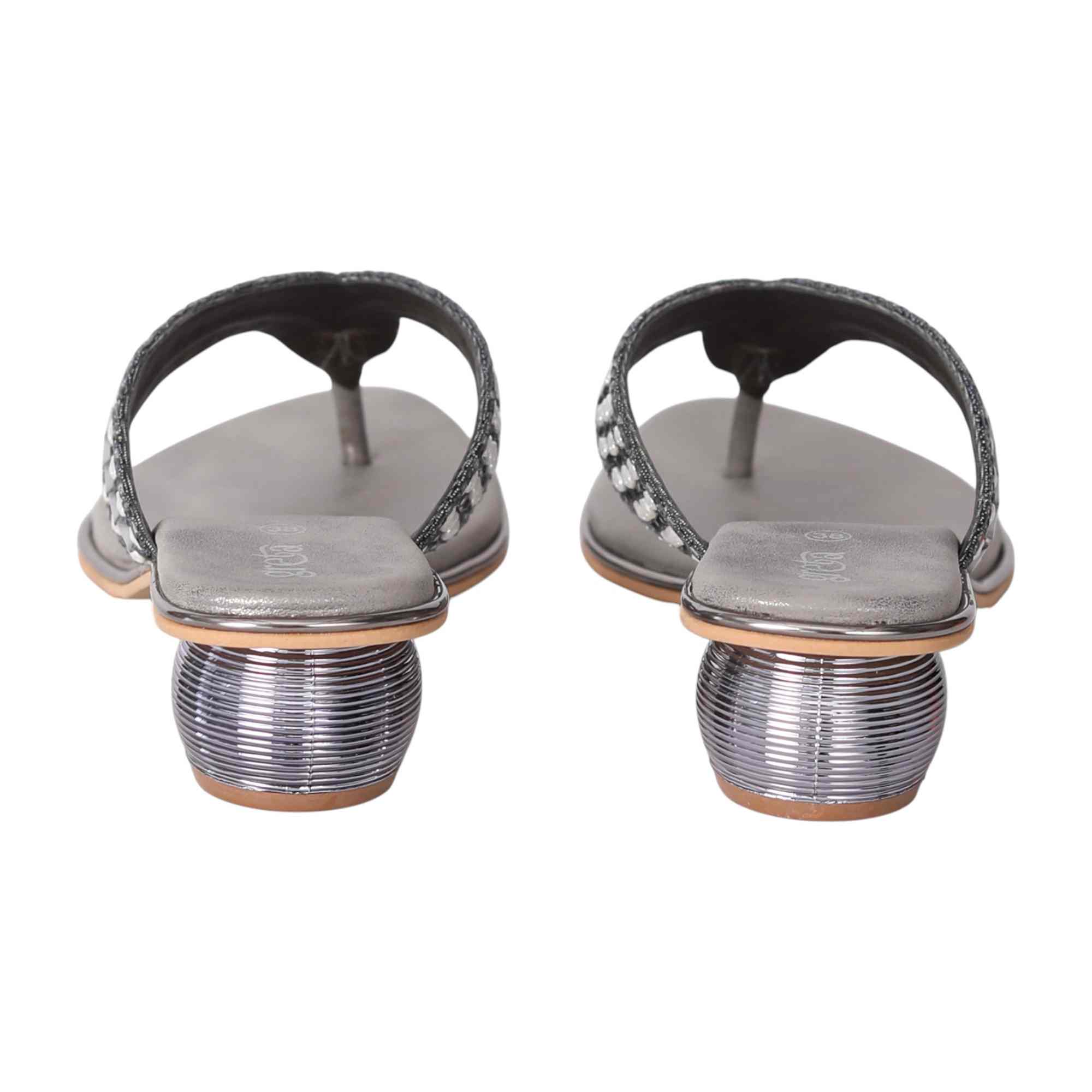 Grey Embellished Thong Sandals with Rounded Heel