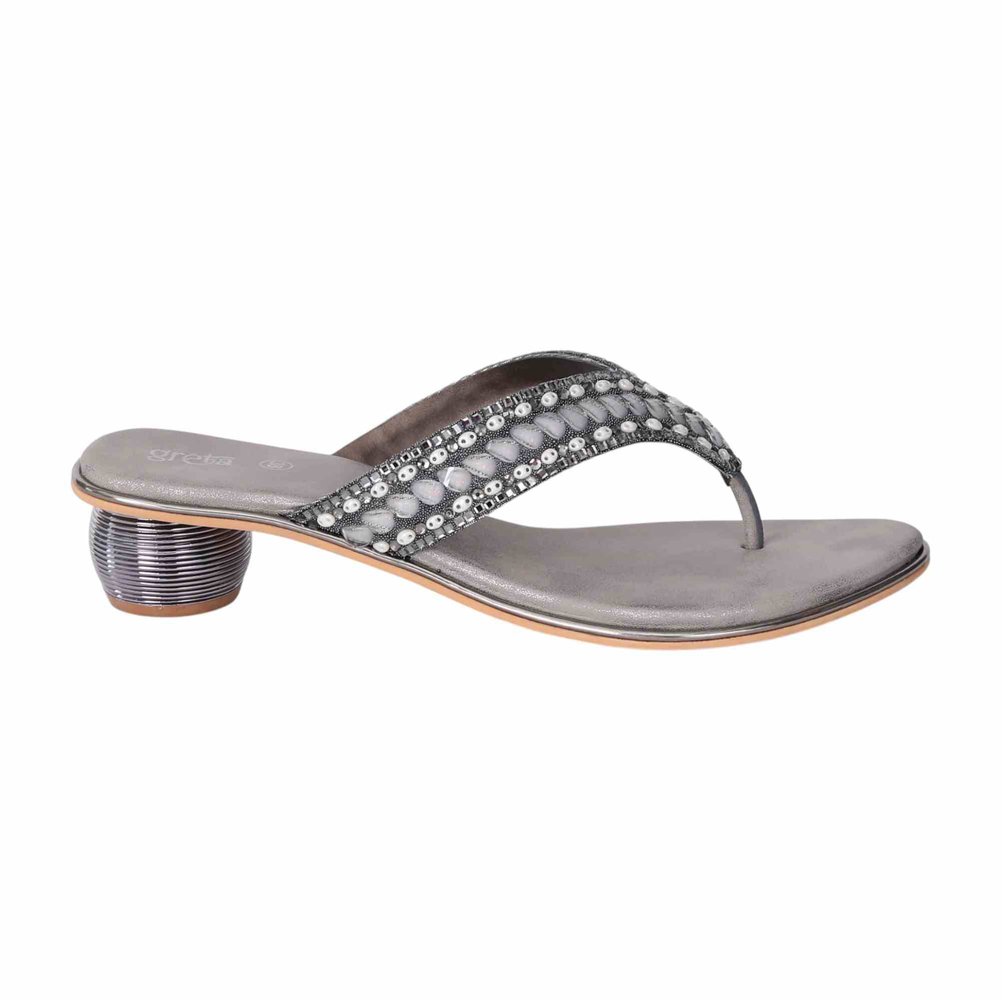 Grey Embellished Thong Sandals with Rounded Heel