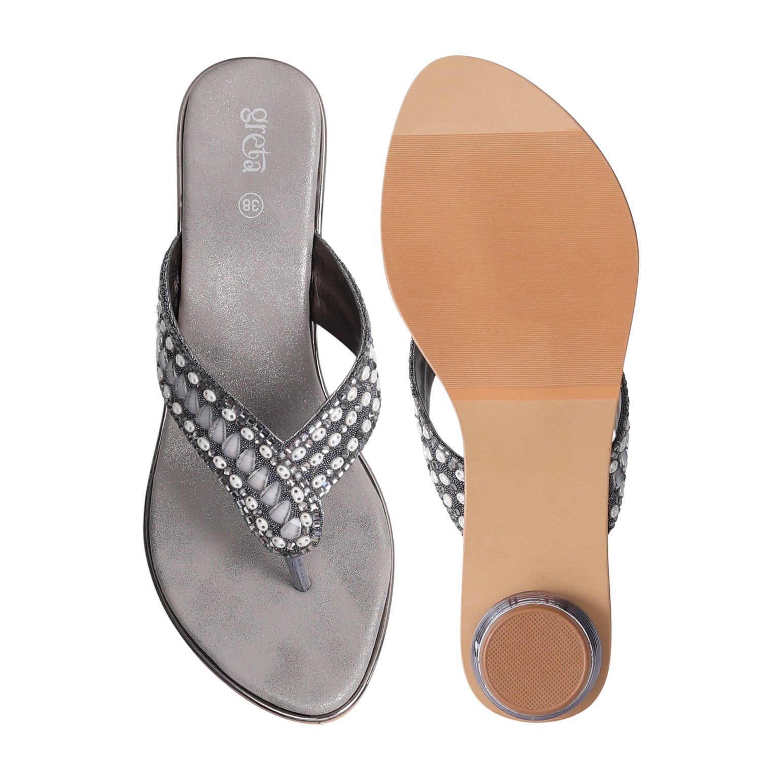 Grey Embellished Thong Sandals with Rounded Heel
