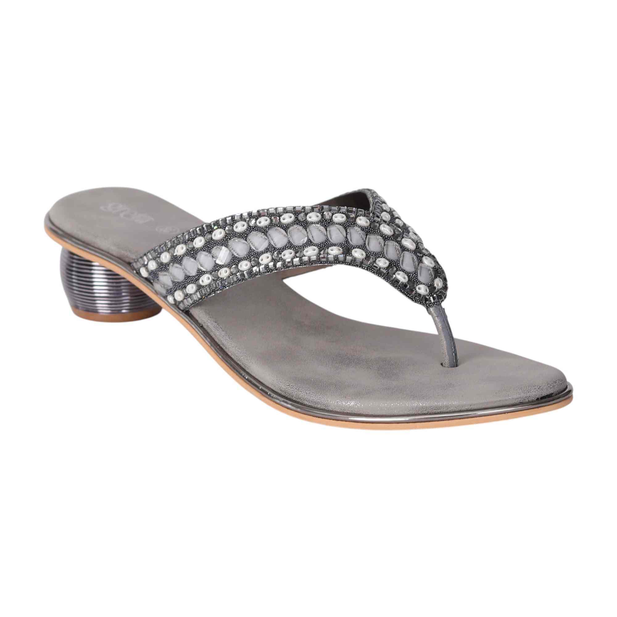 Grey Embellished Thong Sandals with Rounded Heel