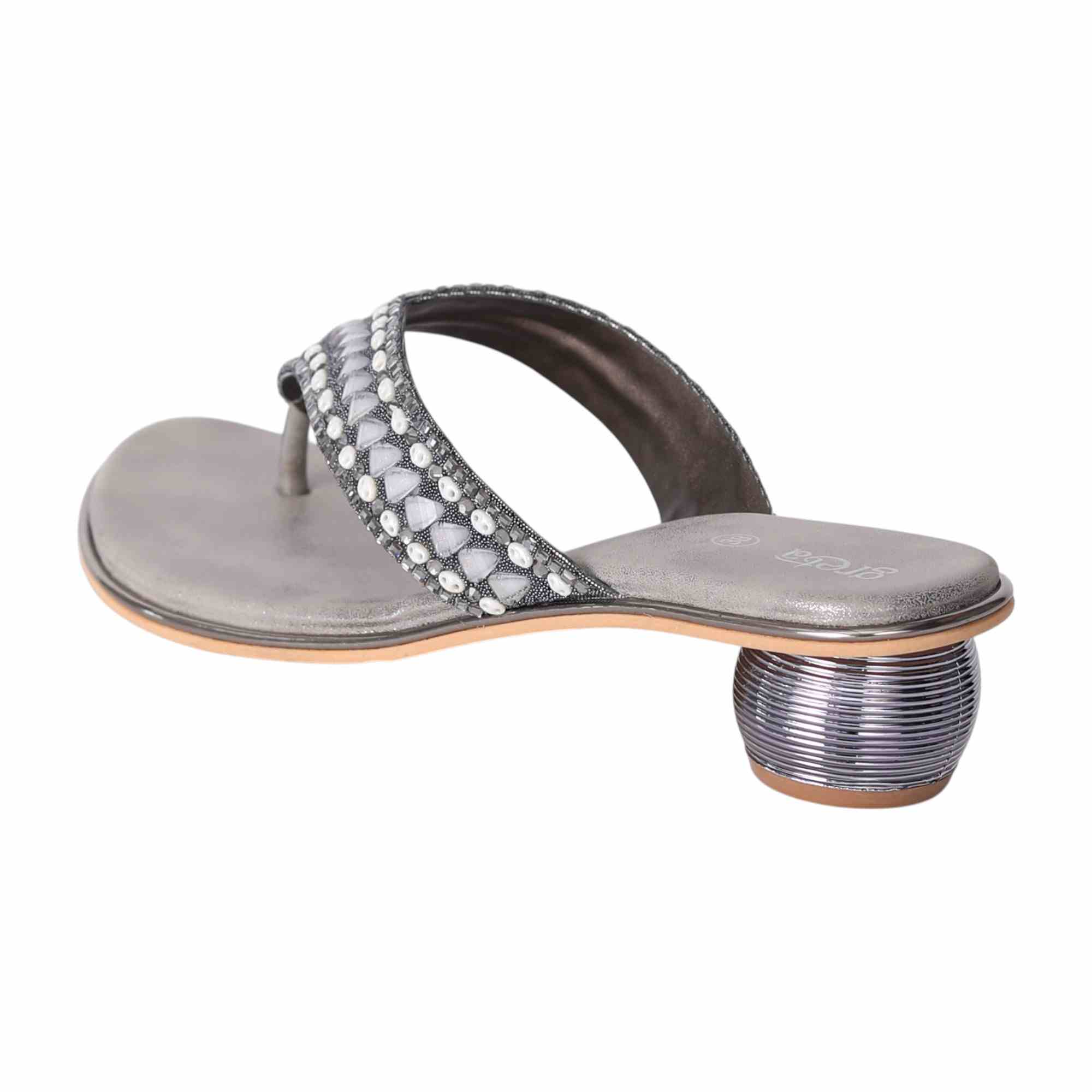 Grey Embellished Thong Sandals with Rounded Heel