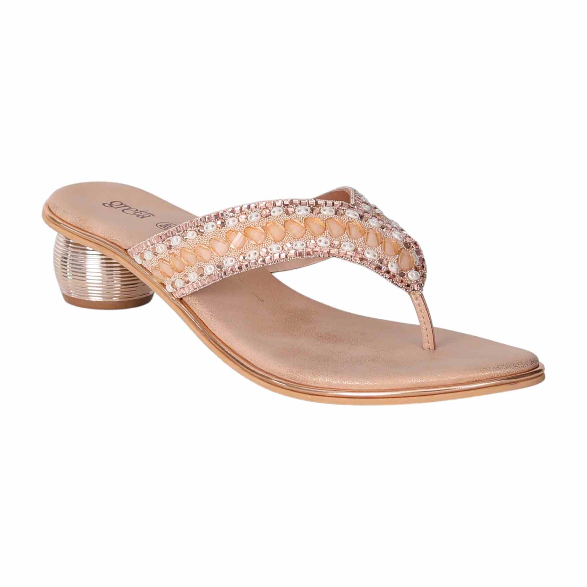 Rose Gold Embellished Thong Sandals with Rounded Heel