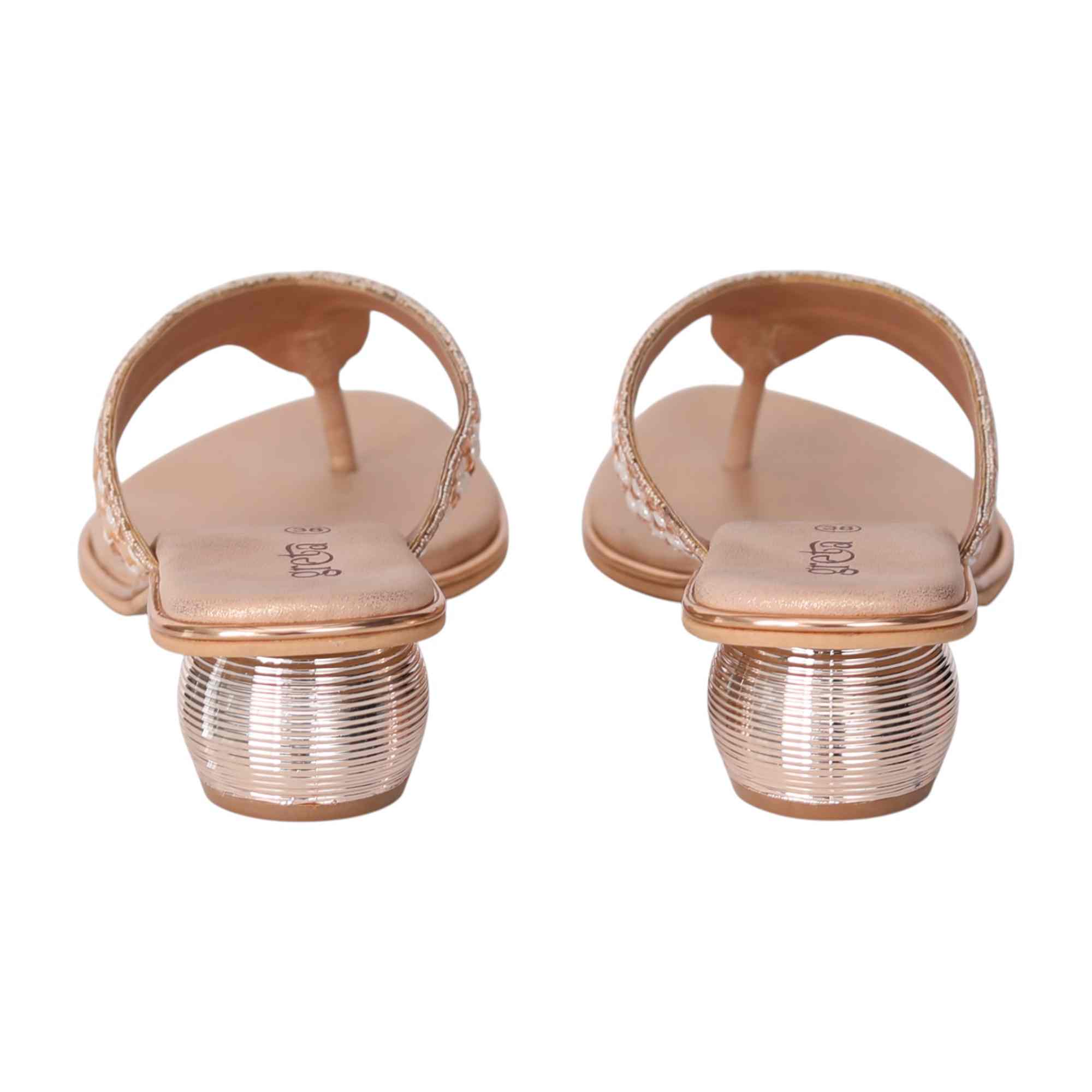 Rose Gold Embellished Thong Sandals with Rounded Heel