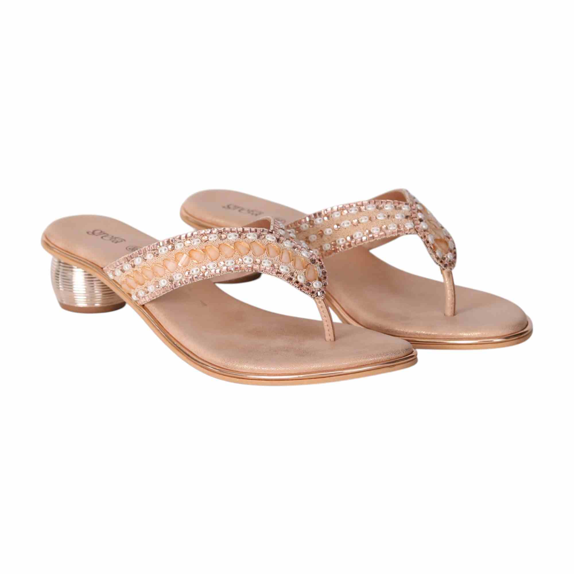 Rose Gold Embellished Thong Sandals with Rounded Heel