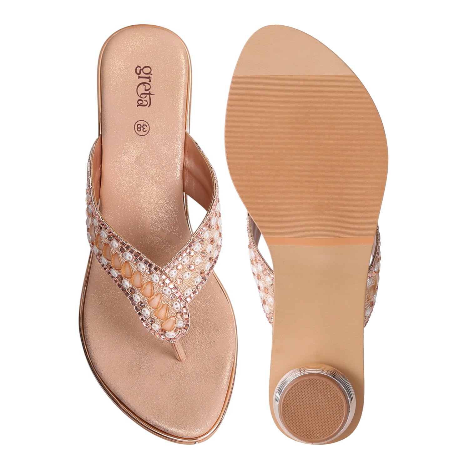 Rose Gold Embellished Thong Sandals with Rounded Heel