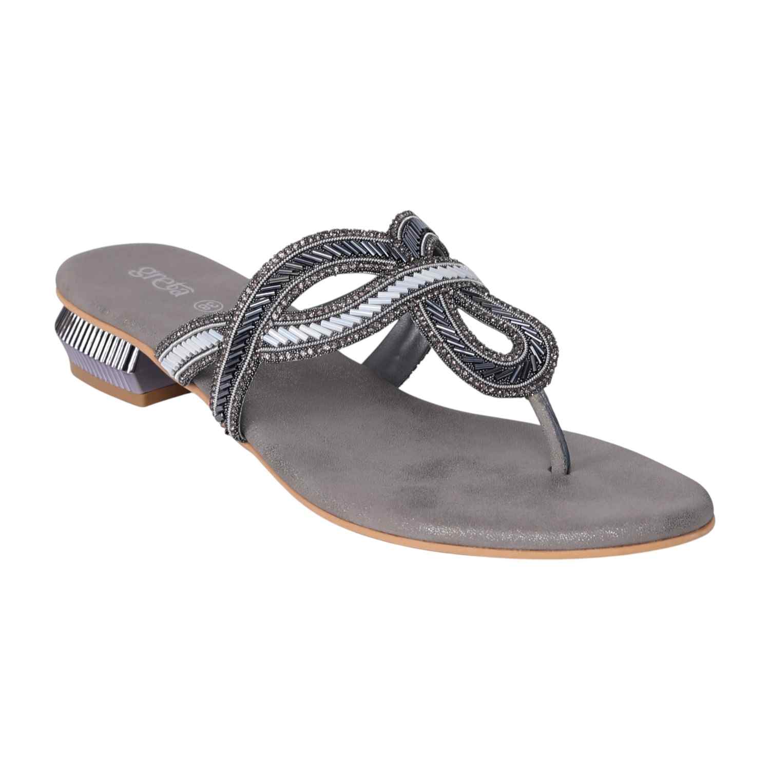 Women's Grey Ornate Strap Low Heel