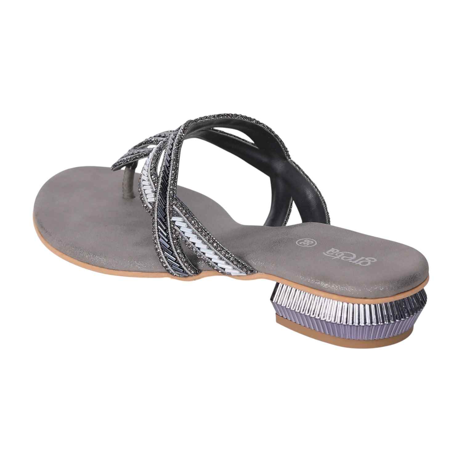 Women's Grey Ornate Strap Low Heel