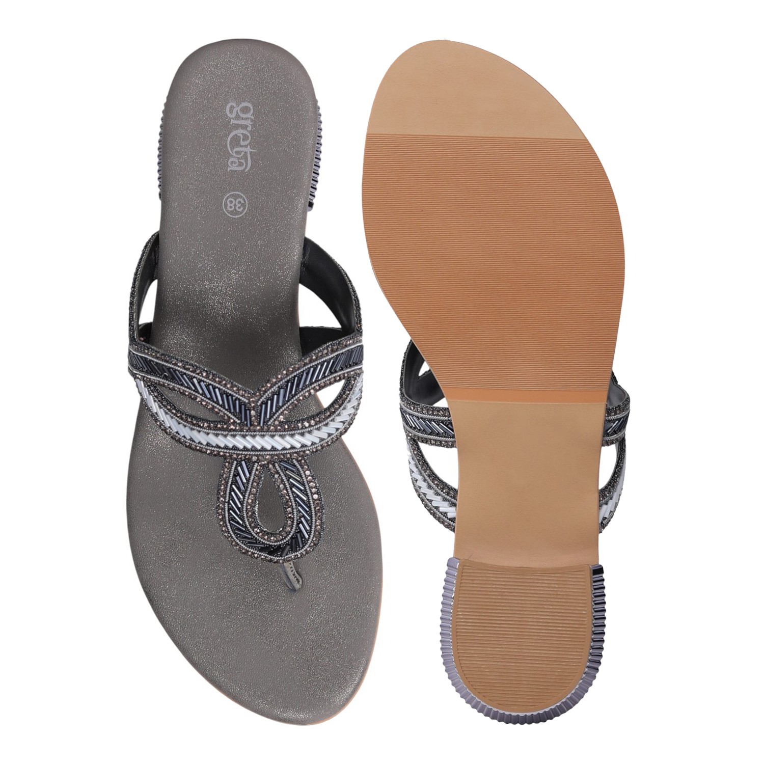 Women's Grey Ornate Strap Low Heel