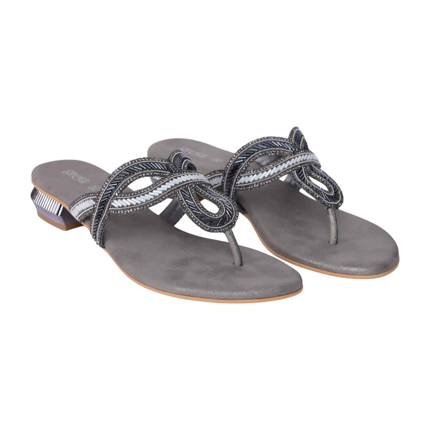Women's Grey Ornate Strap Low Heel