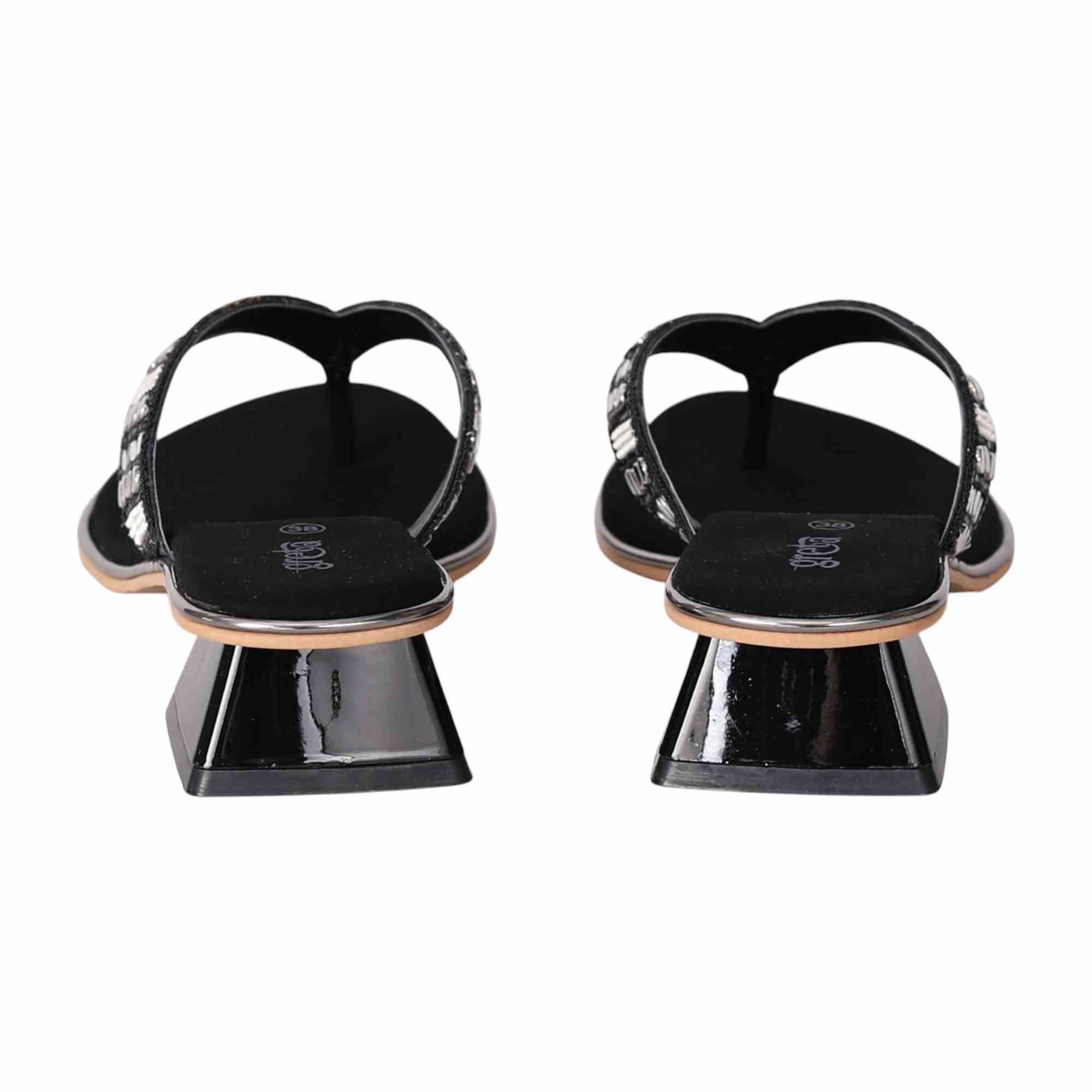 Black Embellished Thong Heels with a Low Heel
