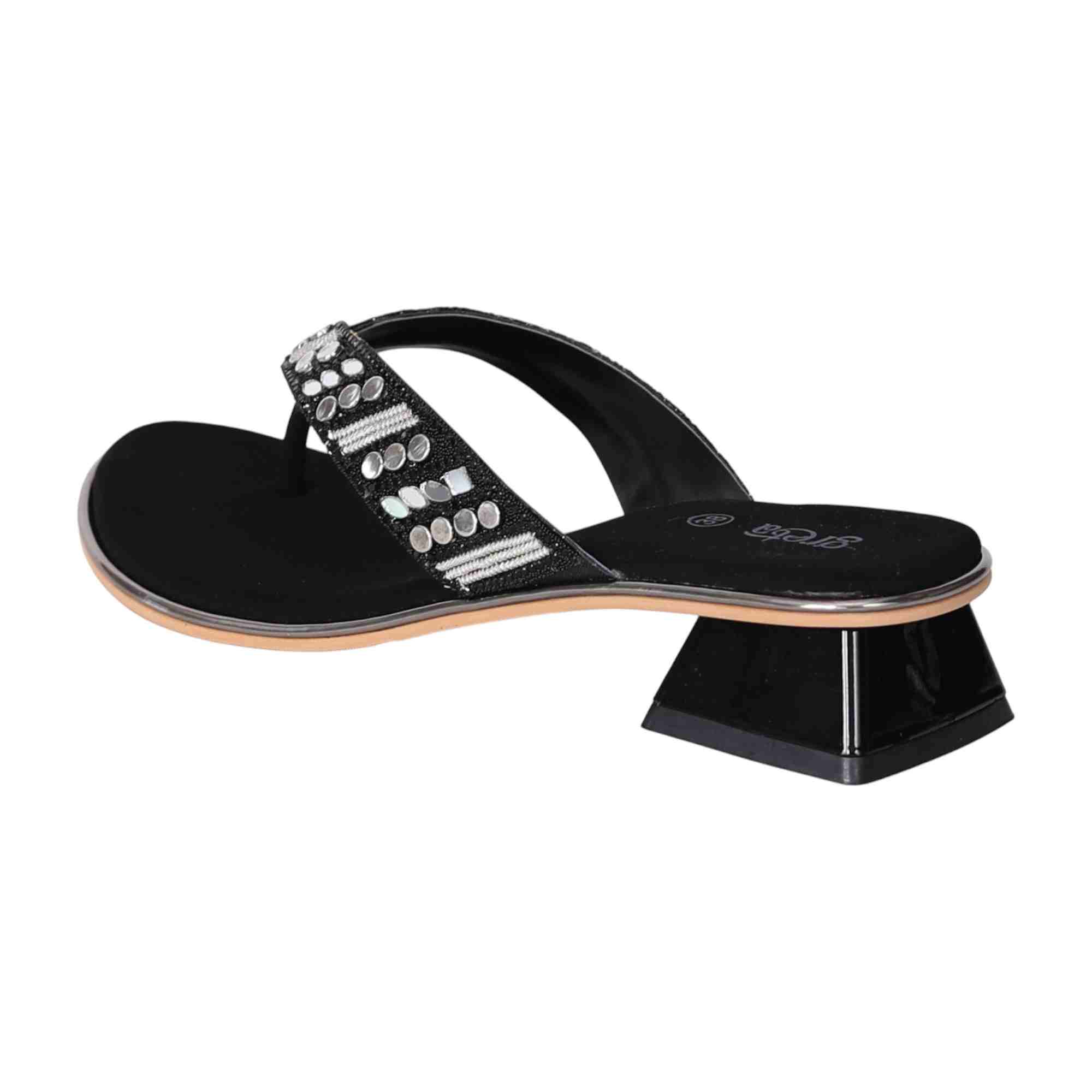 Black Embellished Thong Heels with a Low Heel