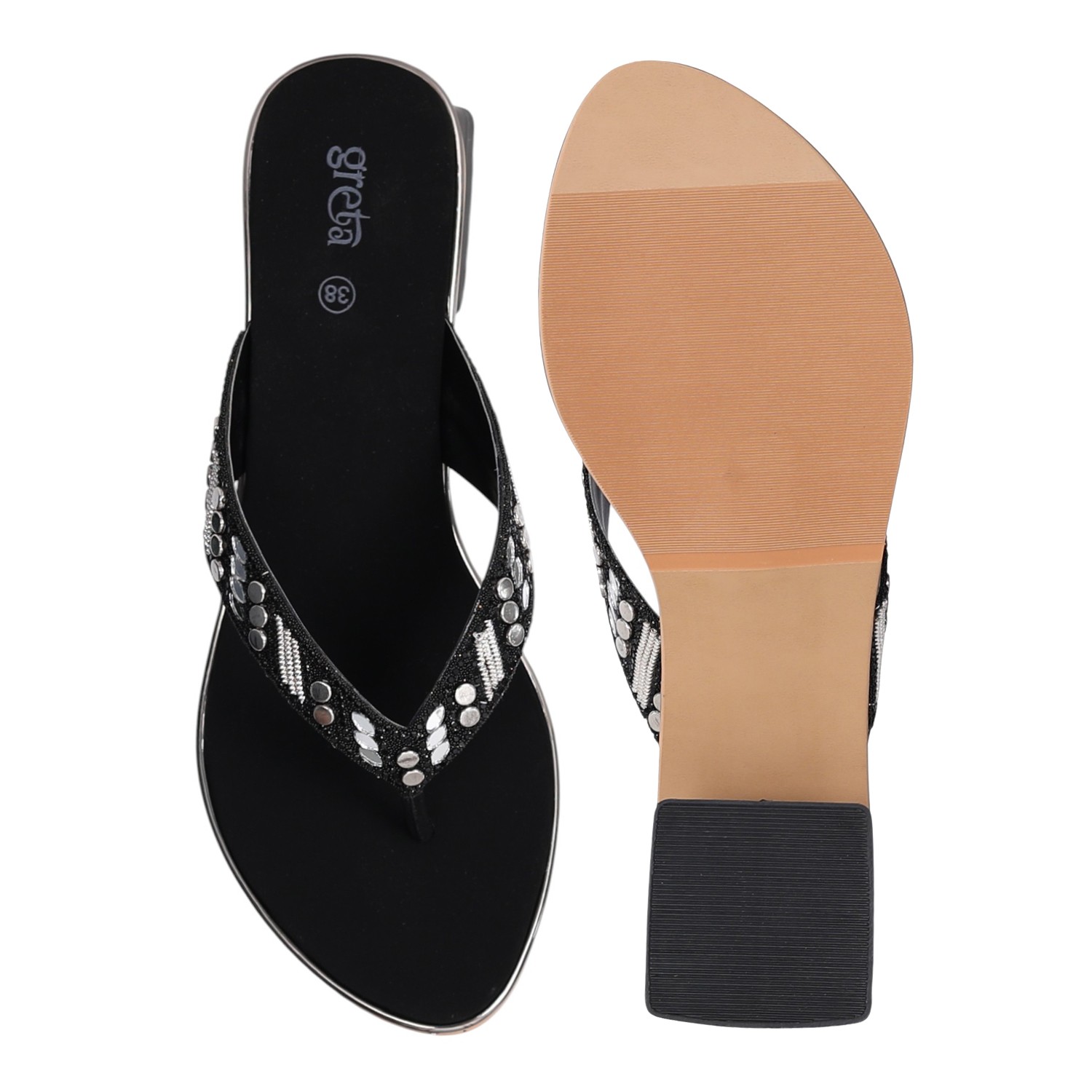 Black Embellished Thong Heels with a Low Heel
