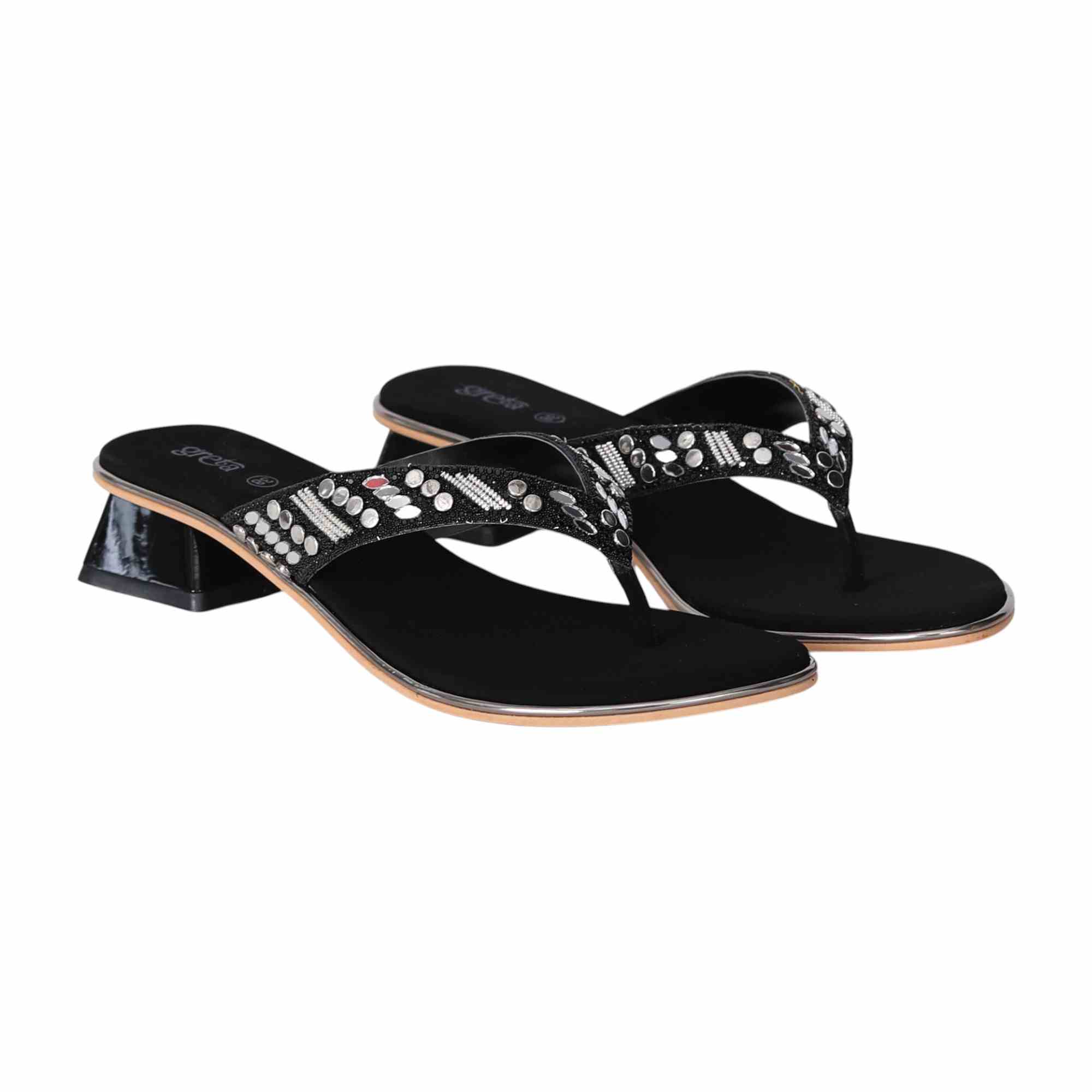 Black Embellished Thong Heels with a Low Heel