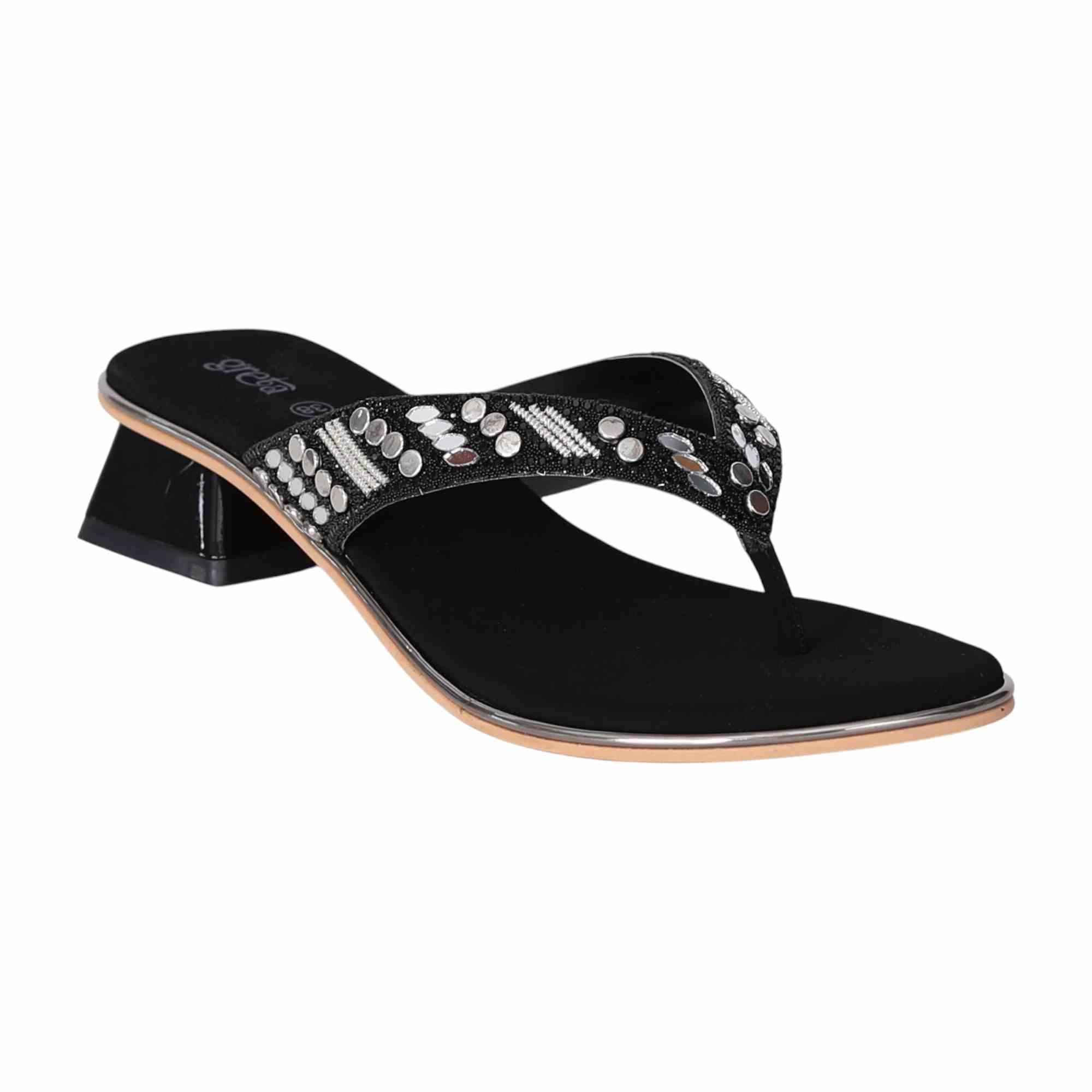 Black Embellished Thong Heels with a Low Heel