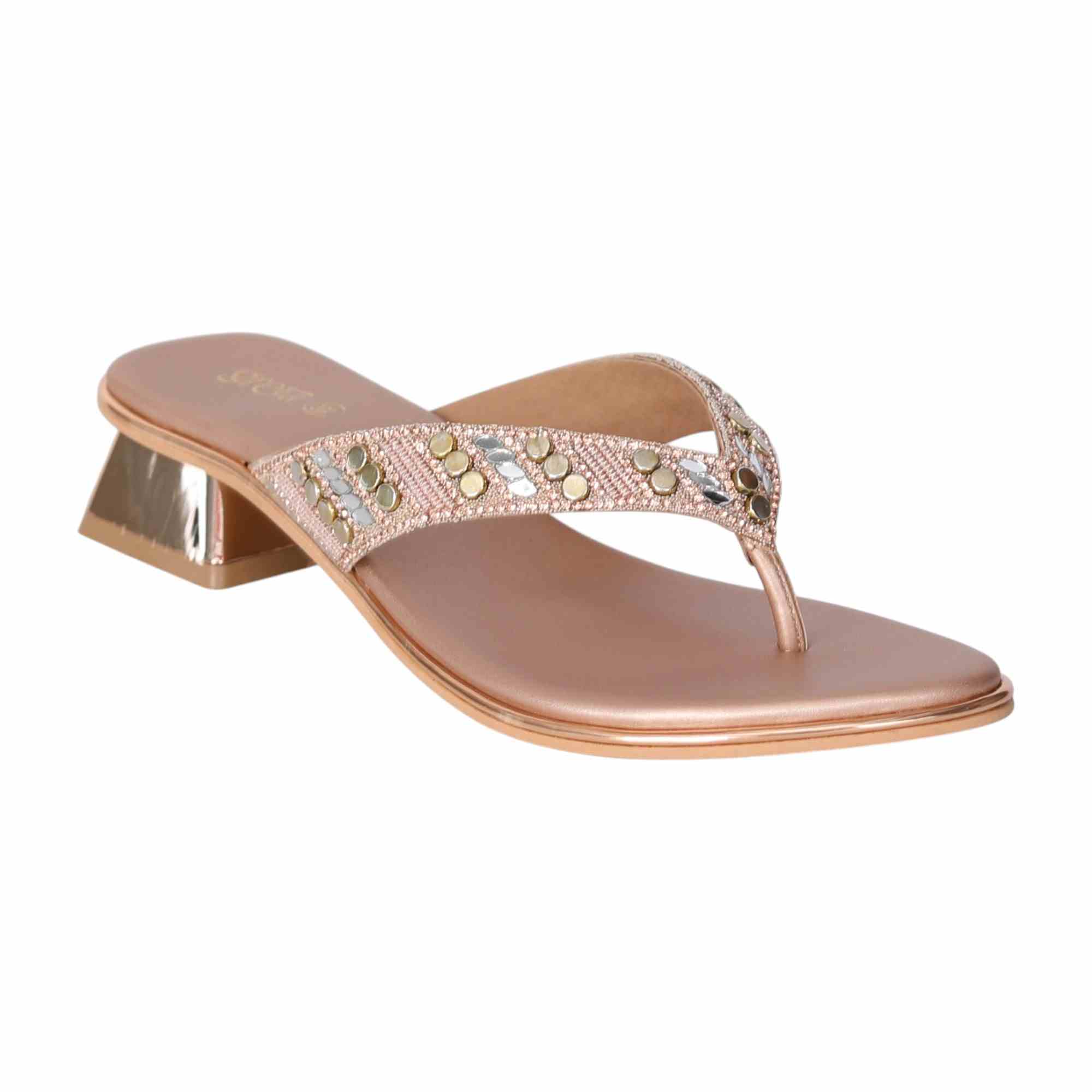 Rose Gold Embellished Thong Heels with a Low Heel
