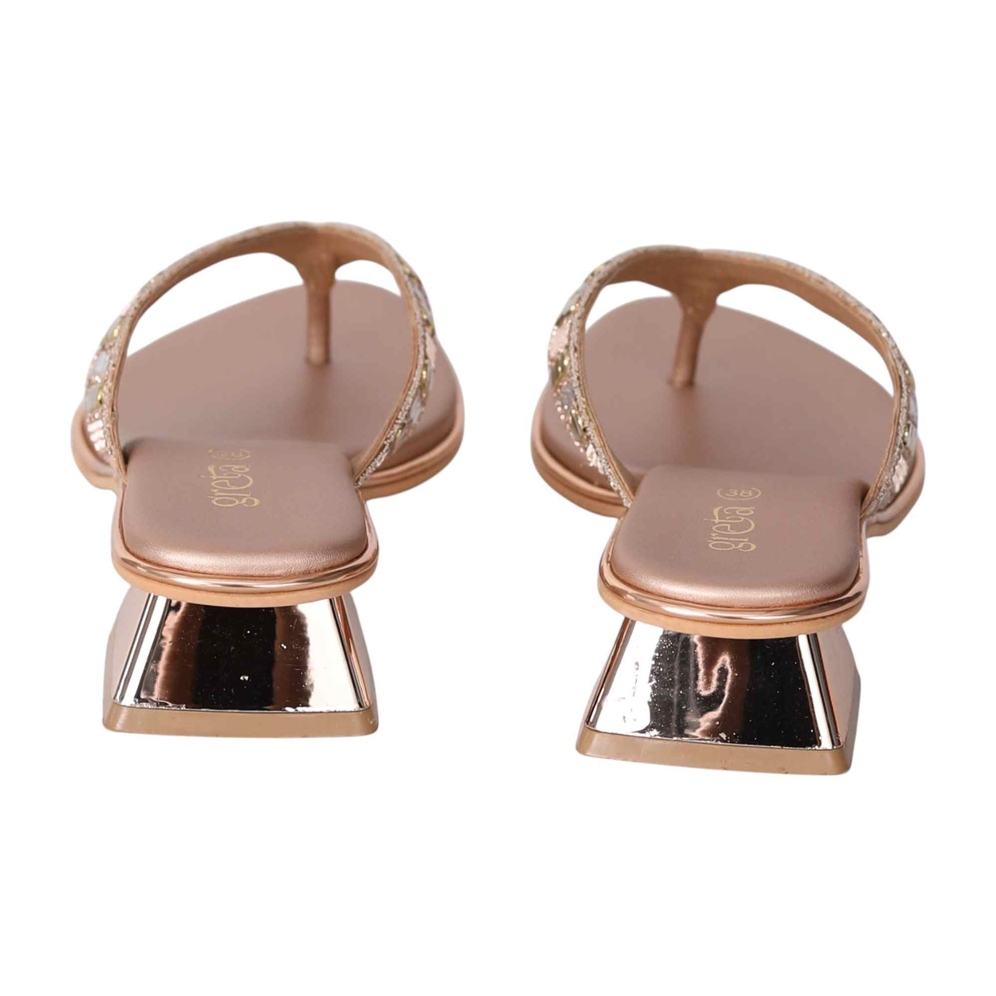 Rose Gold Embellished Thong Heels with a Low Heel
