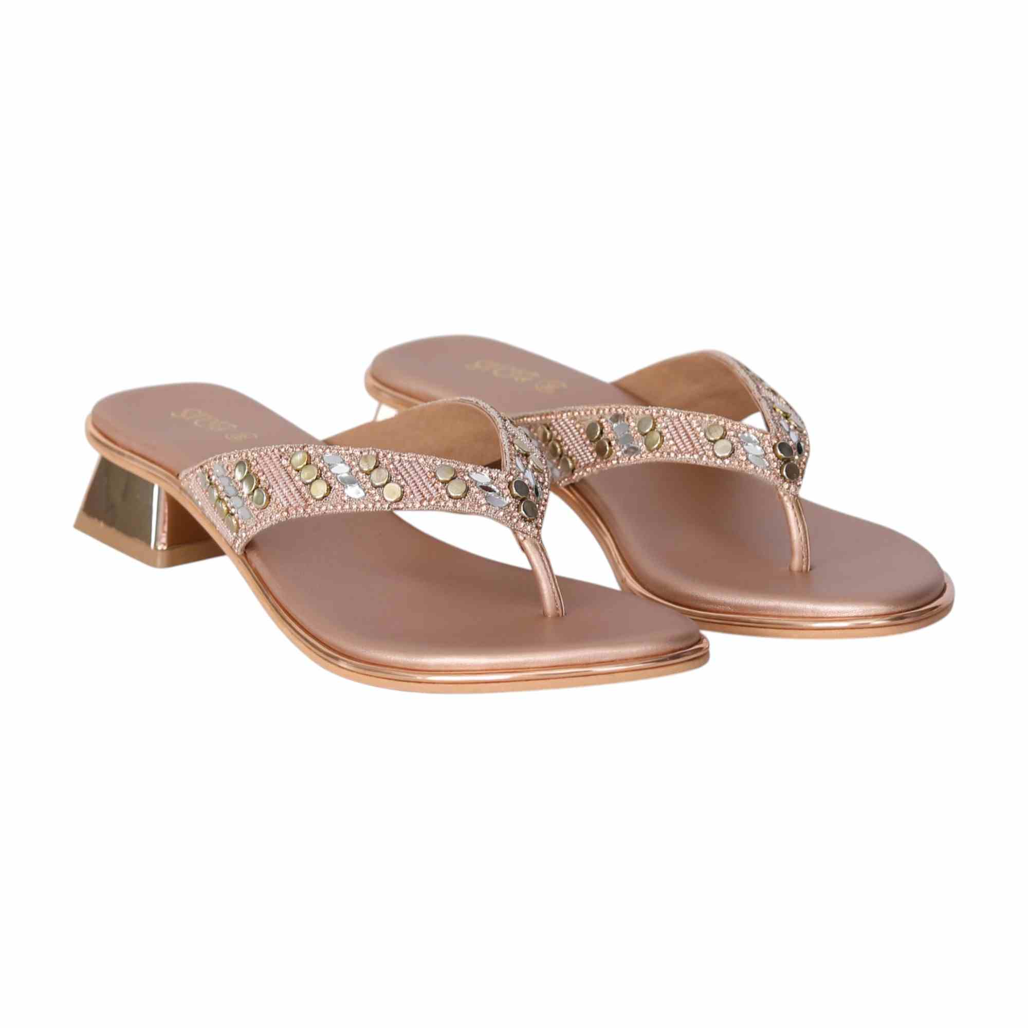 Rose Gold Embellished Thong Heels with a Low Heel